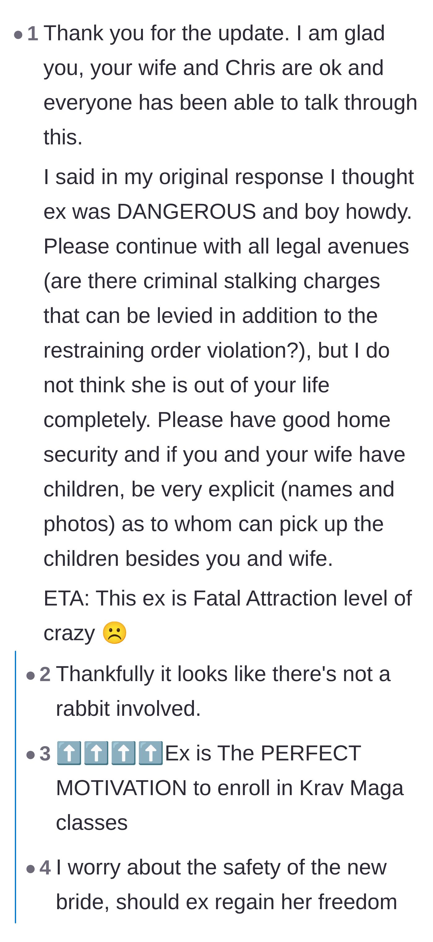 Comment thread 2 - Urging the couple to take extreme safety precautions and pursue criminal stalking charges