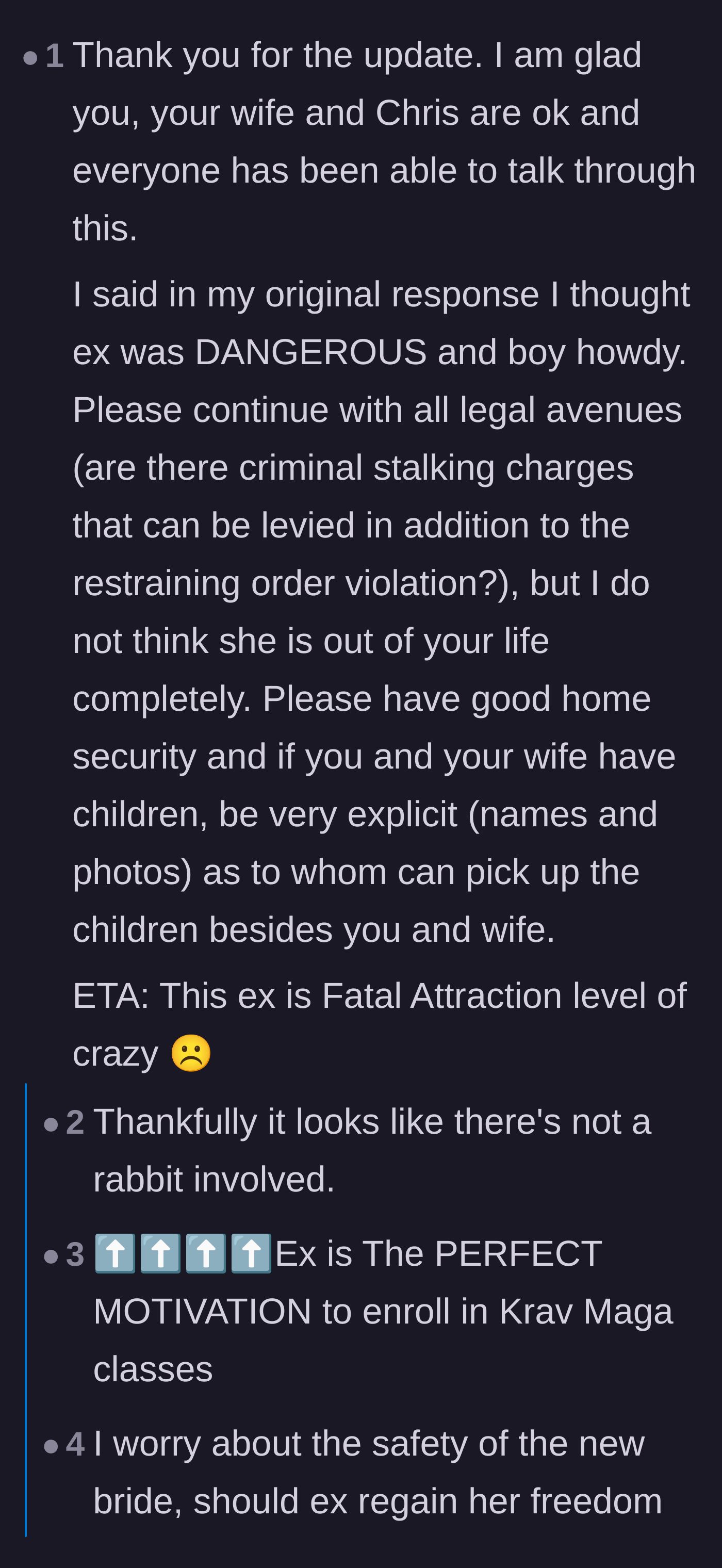 Comment thread 2 - Urging the couple to take extreme safety precautions and pursue criminal stalking charges