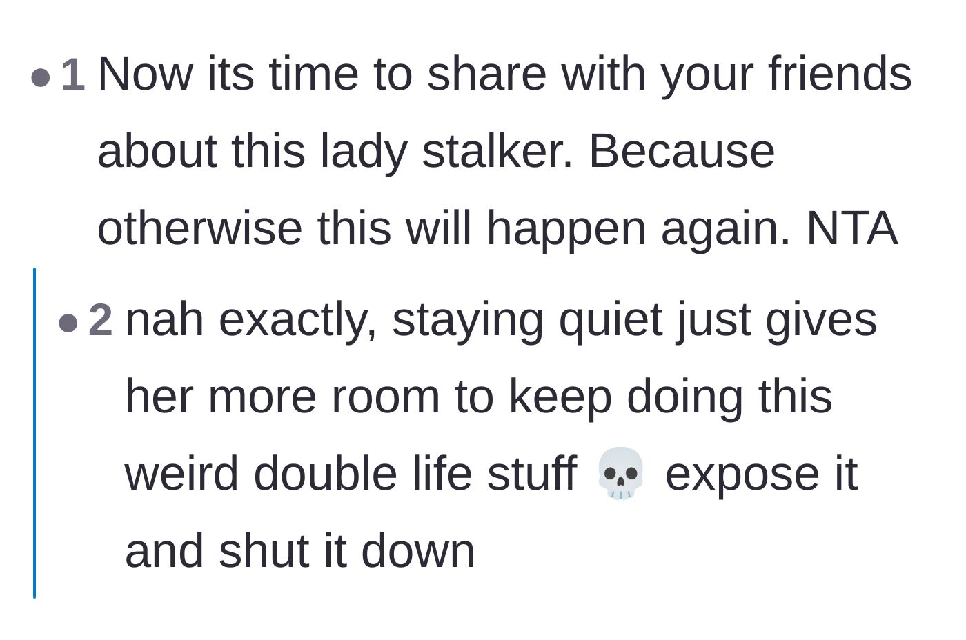 Comment thread 3 - Advising the groom to publicly warn his social circle about the stalker's fake profiles