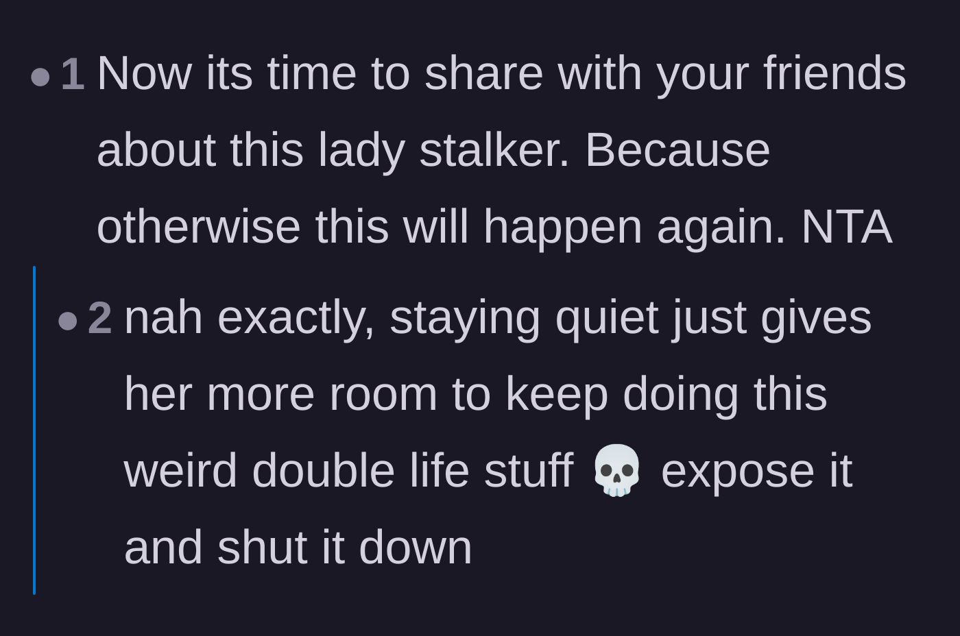 Comment thread 3 - Advising the groom to publicly warn his social circle about the stalker's fake profiles