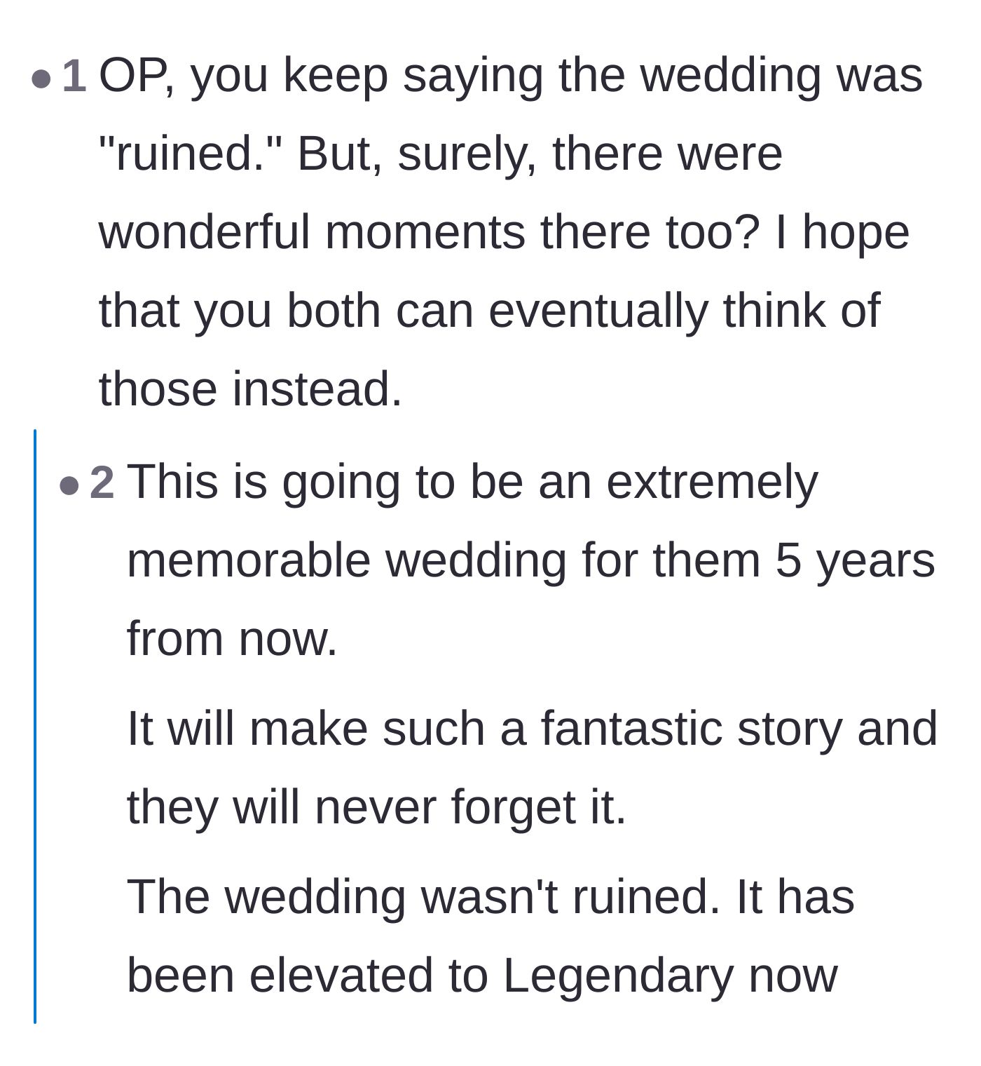 Comment thread 6 - Discussing whether the ruined wedding will eventually become a legendary family story