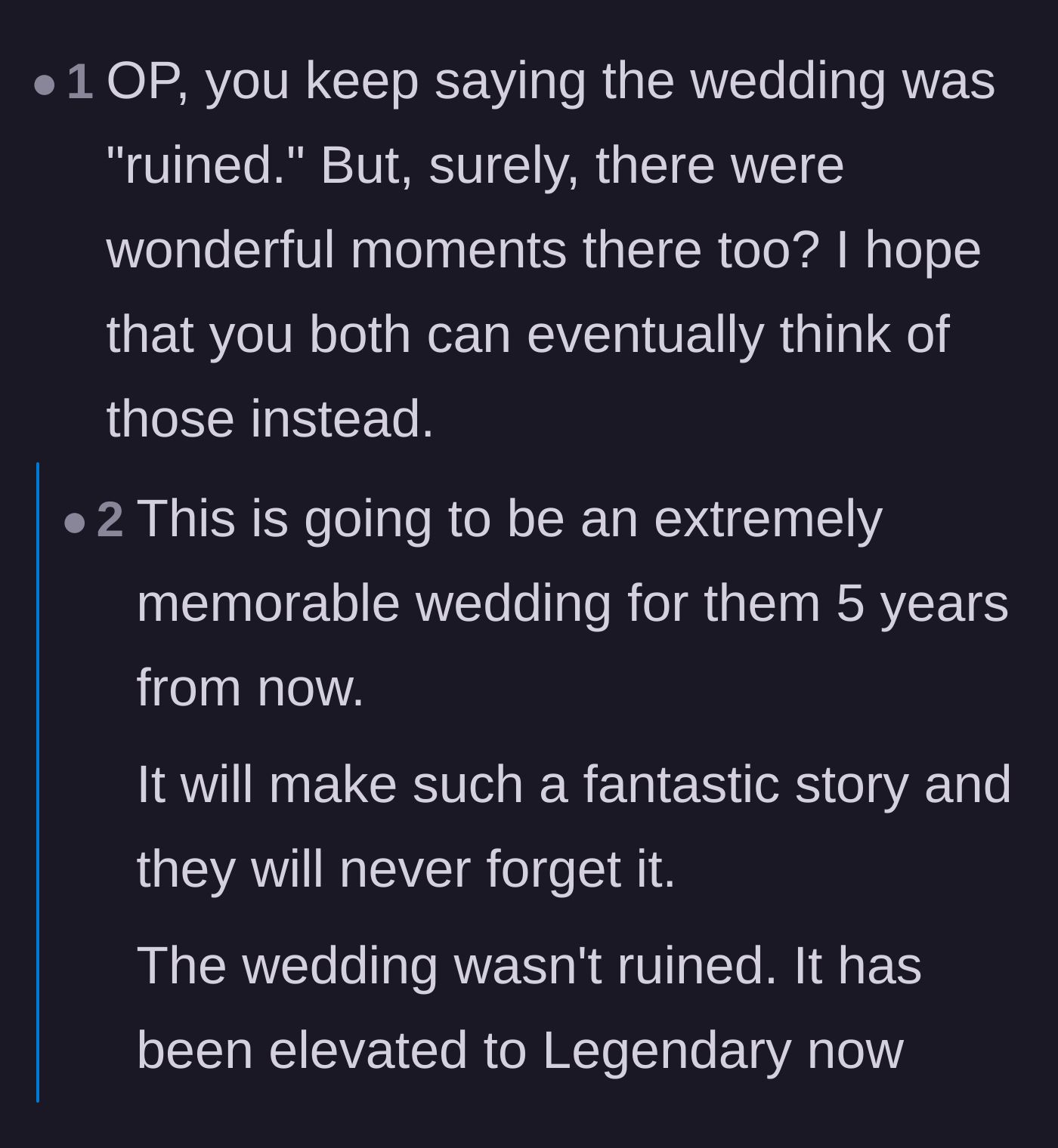 Comment thread 6 - Discussing whether the ruined wedding will eventually become a legendary family story