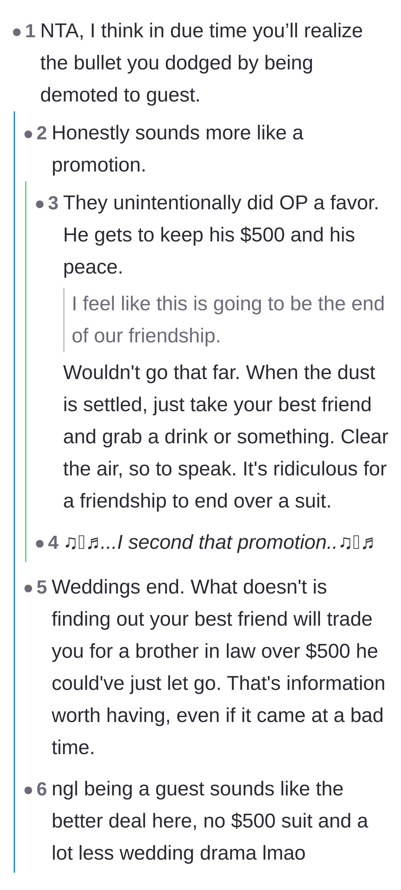 Comment thread 1 - Readers agreeing that being demoted to a wedding guest saved the groomsman $500 and a lot of peace.