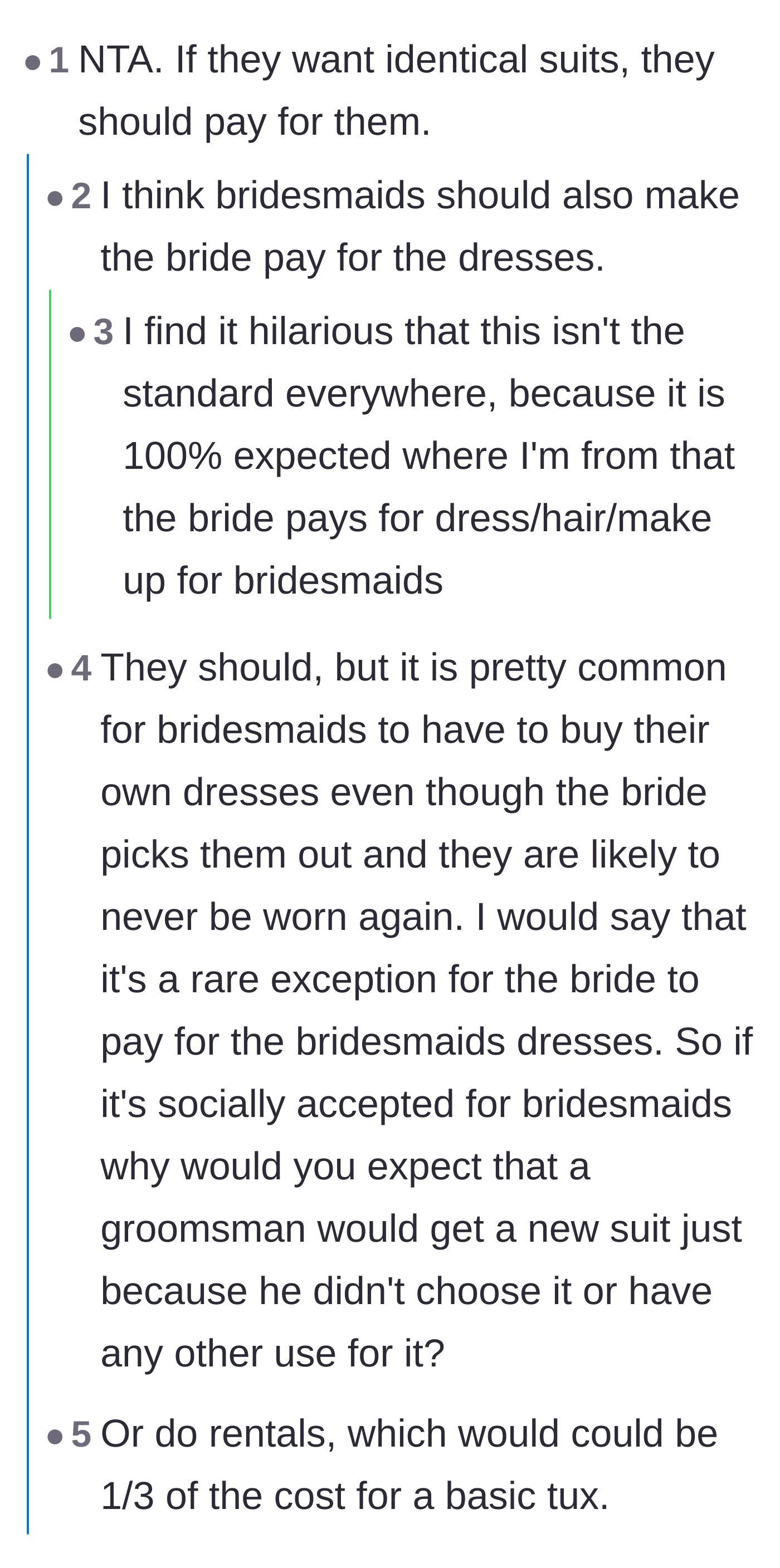 Comment thread 3 - Users discussing how couples who dictate specific aesthetic uniforms should foot the bill themselves.