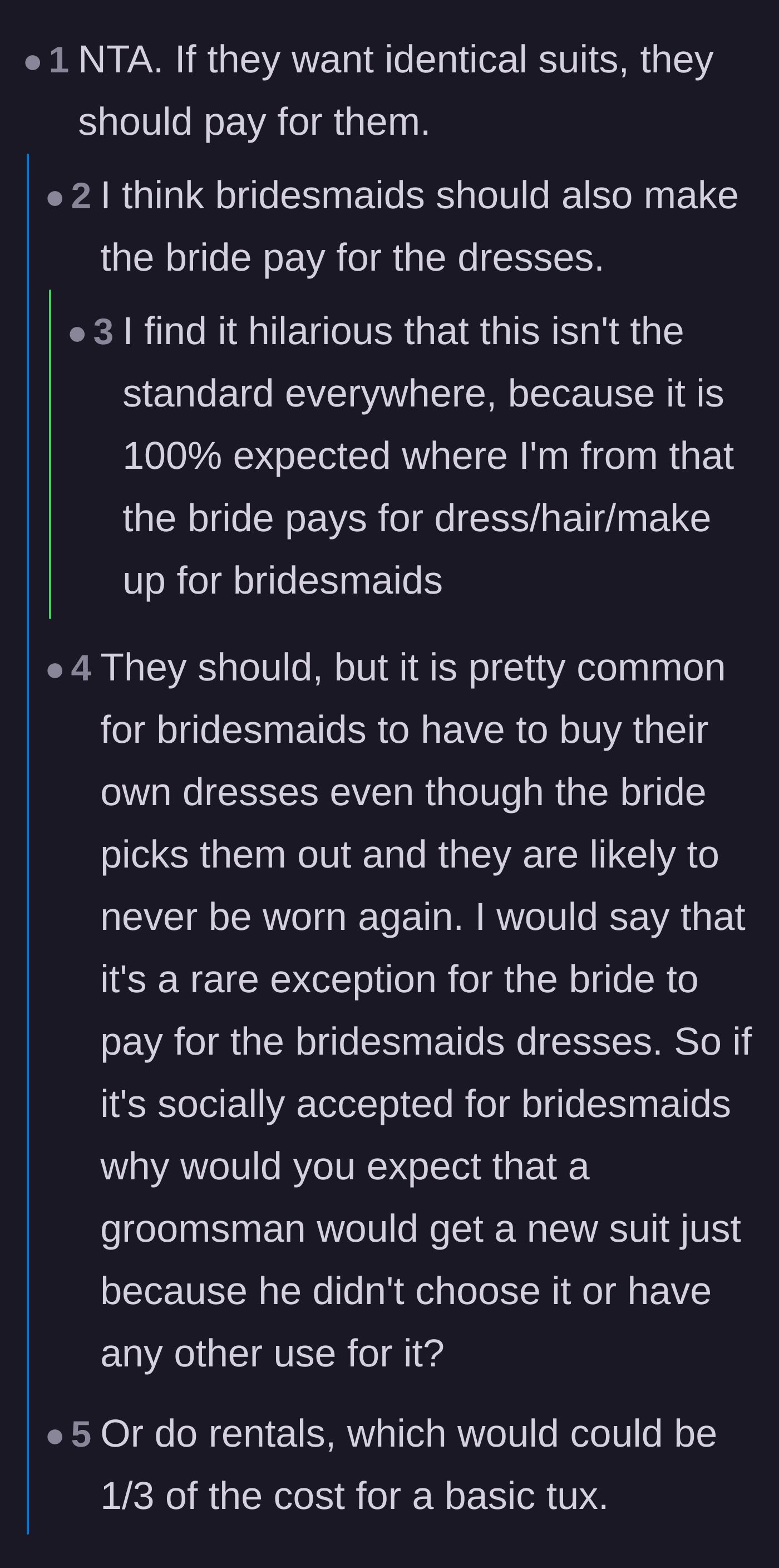 Comment thread 3 - Users discussing how couples who dictate specific aesthetic uniforms should foot the bill themselves.