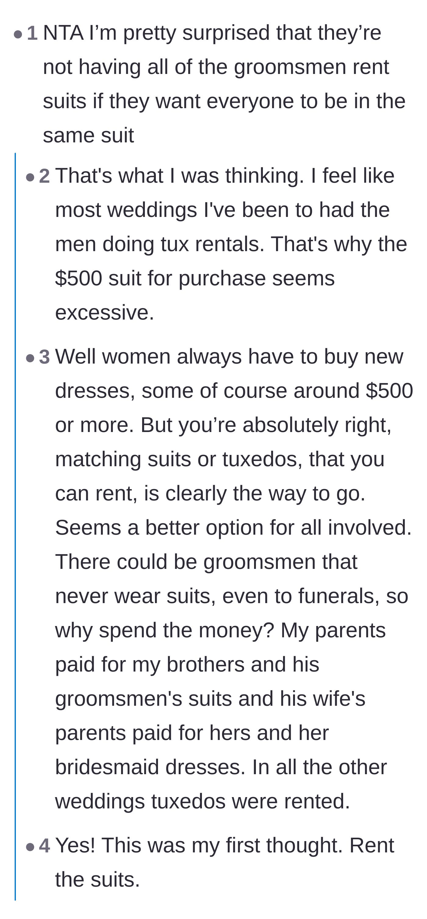 Comment thread 4 - Disbelief over the couple demanding purchased suits instead of affordable rentals.