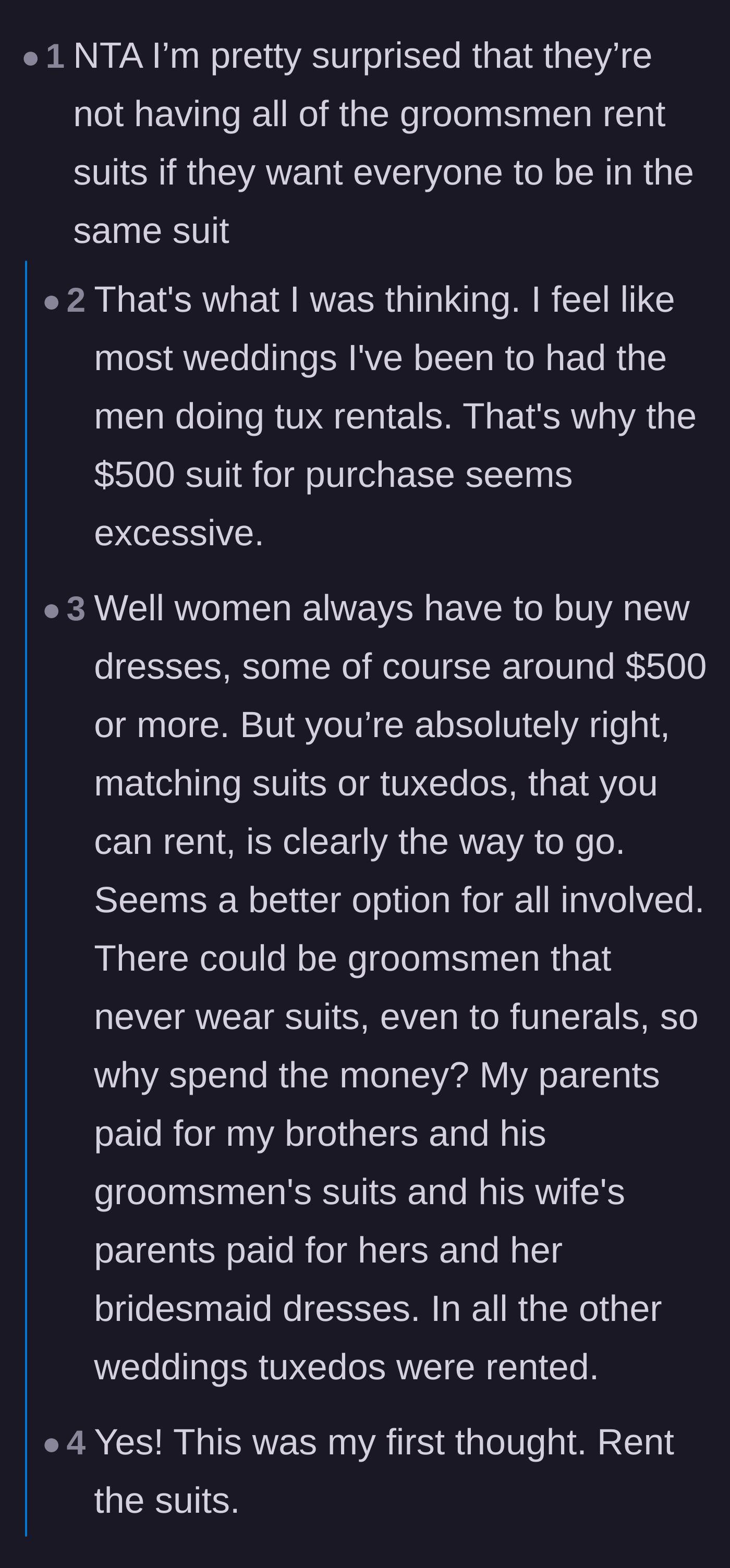 Comment thread 4 - Disbelief over the couple demanding purchased suits instead of affordable rentals.