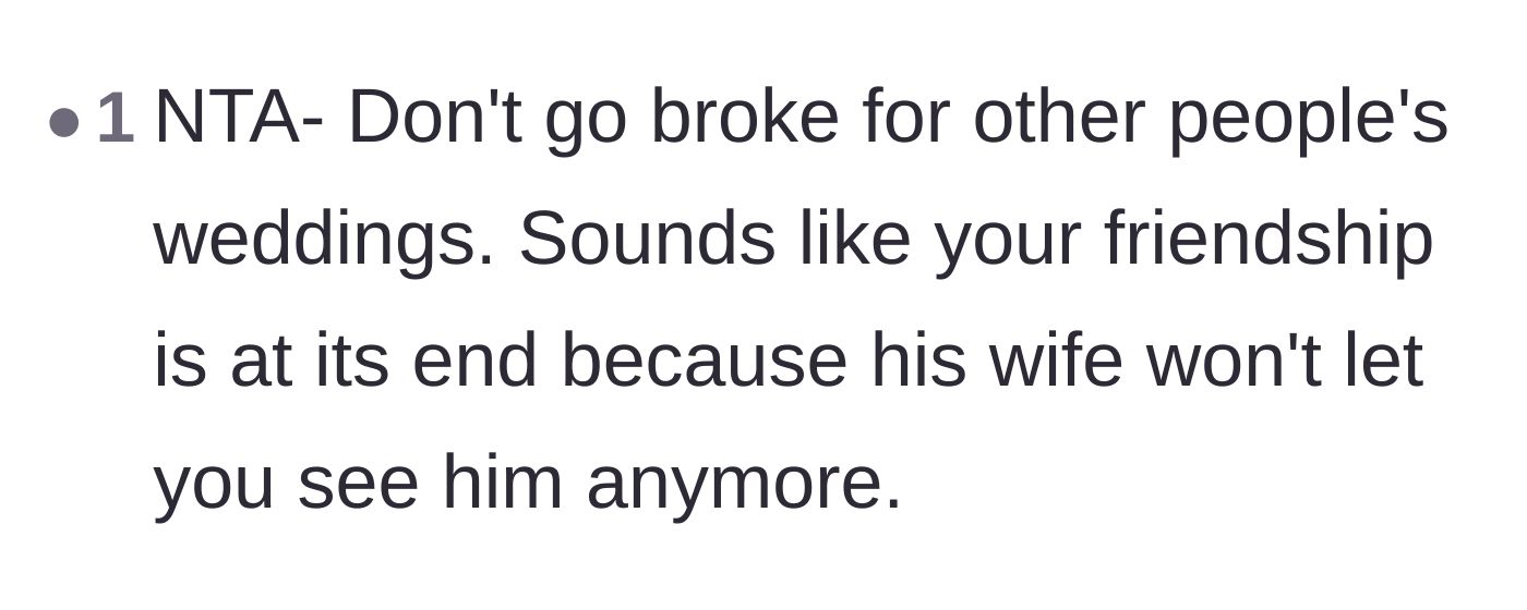 Comment thread 5 - A stark warning not to go broke for other people's weddings and the sad reality of the groom's future.