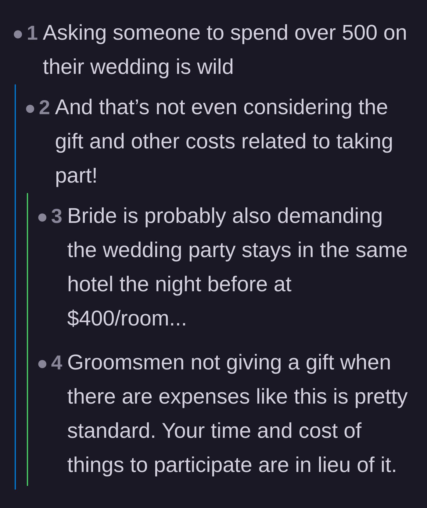 Comment thread 6 - Shock at the $500 price tag and the hidden costs of being a groomsman.