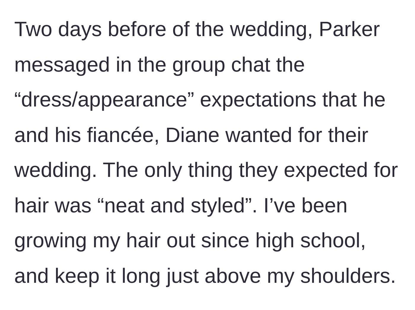 Story part 2 - A group chat message outlining late-in-the-game wedding appearance expectations, specifically requesting 'neat and styled' hair.