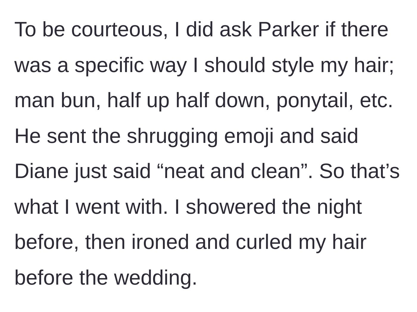 Story part 3 - The groomsman proactively asking for hairstyle instructions and receiving a vague shrug emoji in response from the groom.