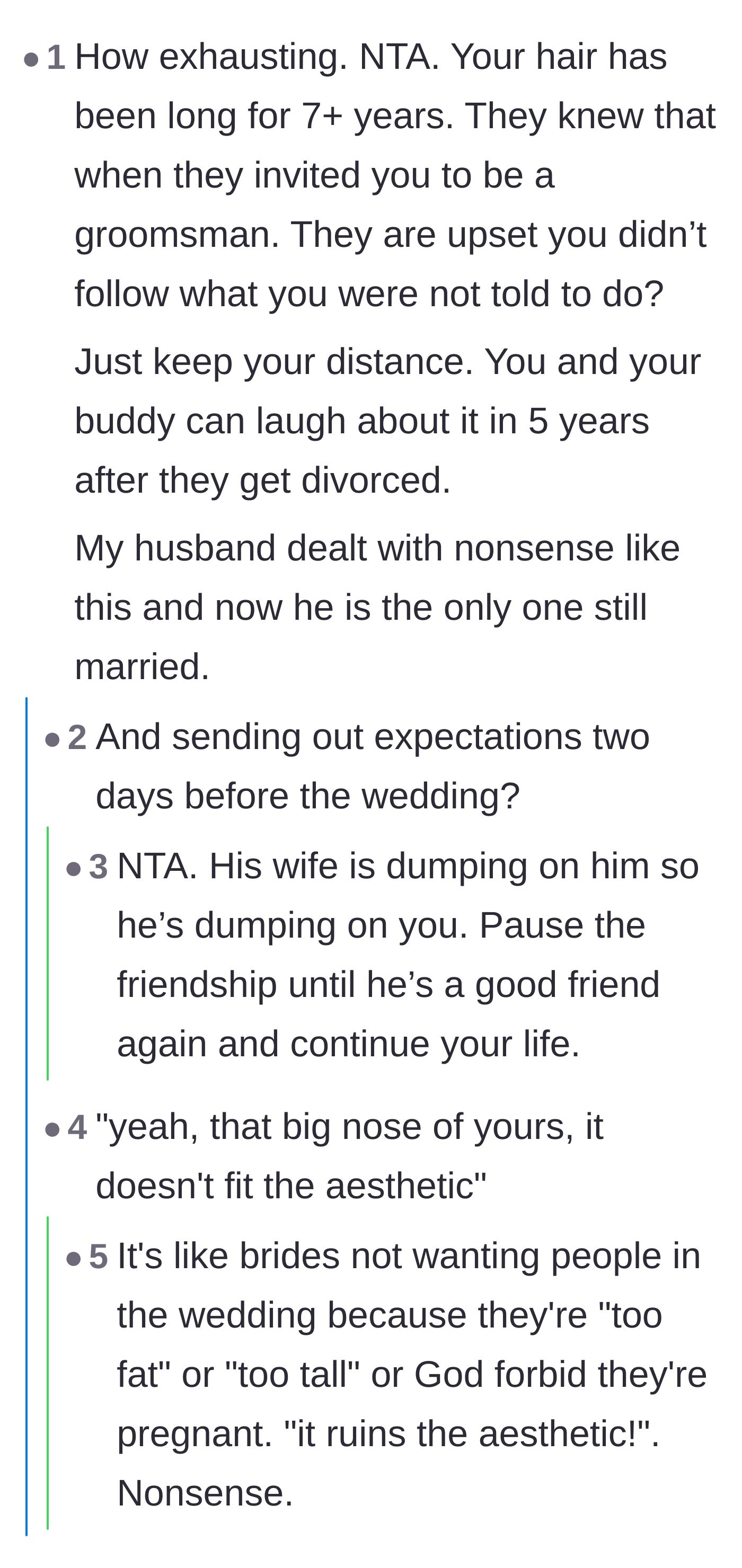 Comment thread 1 - A discussion comparing the bride's hair demands to policing a bridal party's weight, height, or facial features.