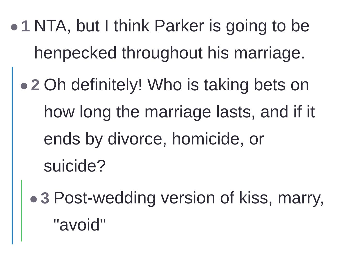 Comment thread 3 - Readers predicting that the groom's lack of a backbone will lead to a difficult, short-lived marriage.