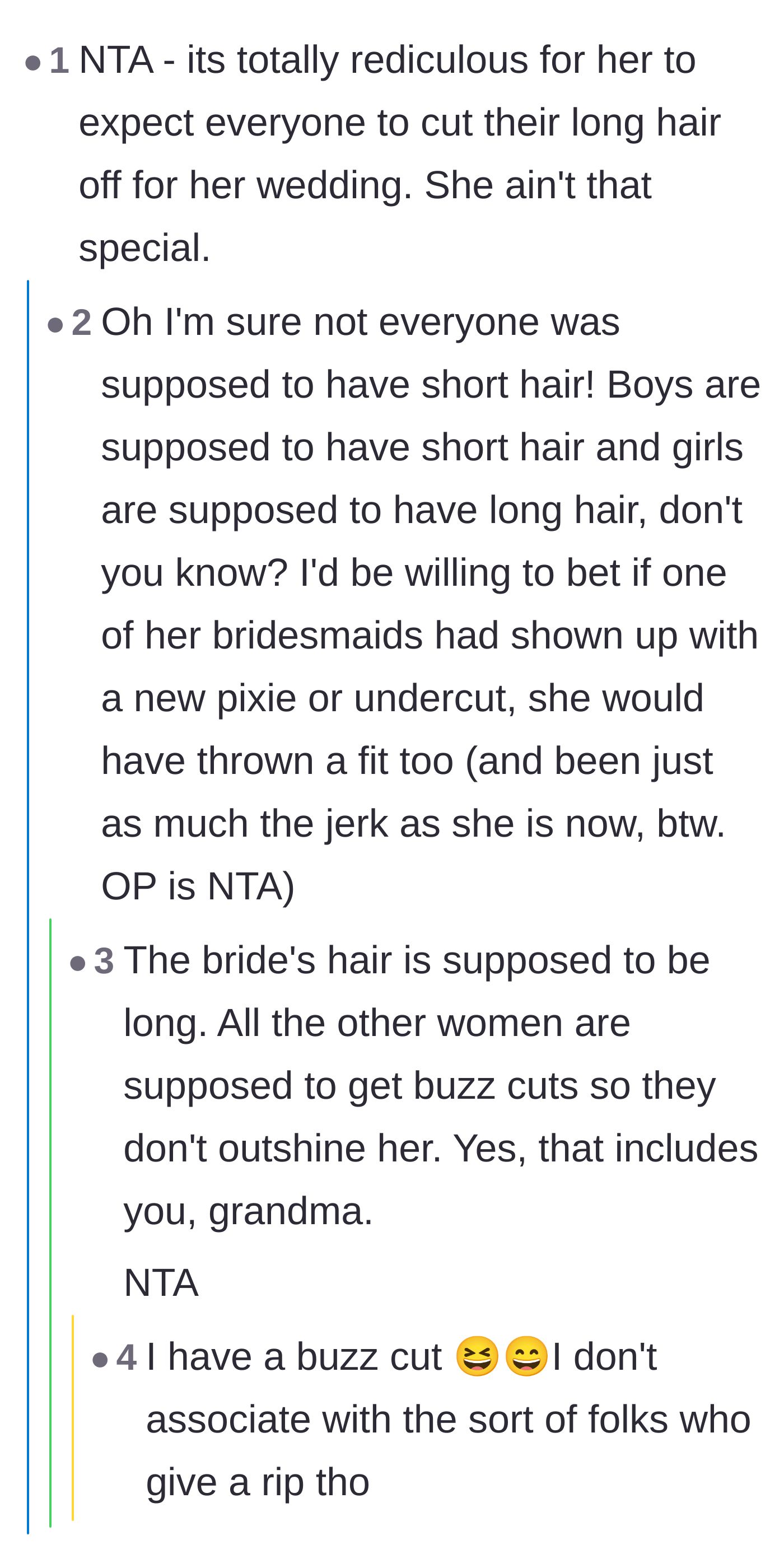 Comment thread 6 - A sarcastic exchange mocking traditional gender norms and joking about forcing grandmothers to get buzz cuts.