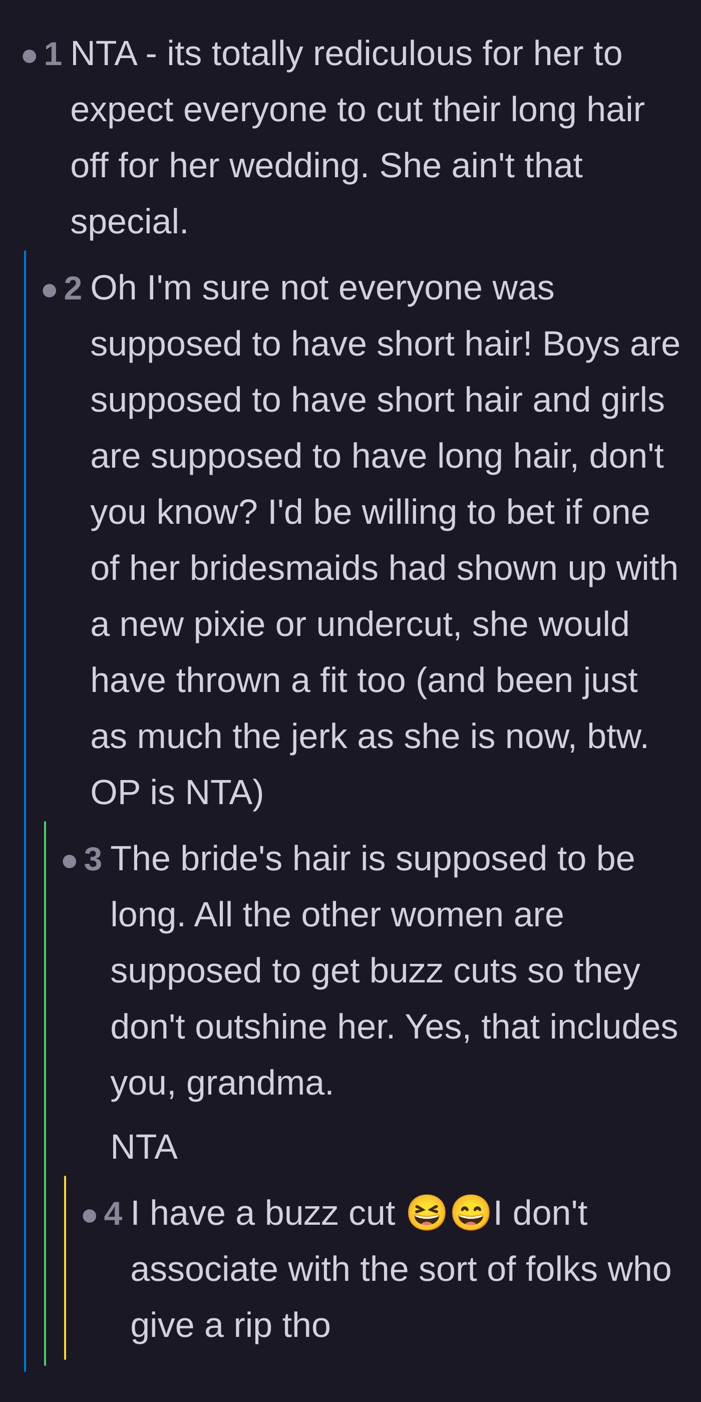 Comment thread 6 - A sarcastic exchange mocking traditional gender norms and joking about forcing grandmothers to get buzz cuts.