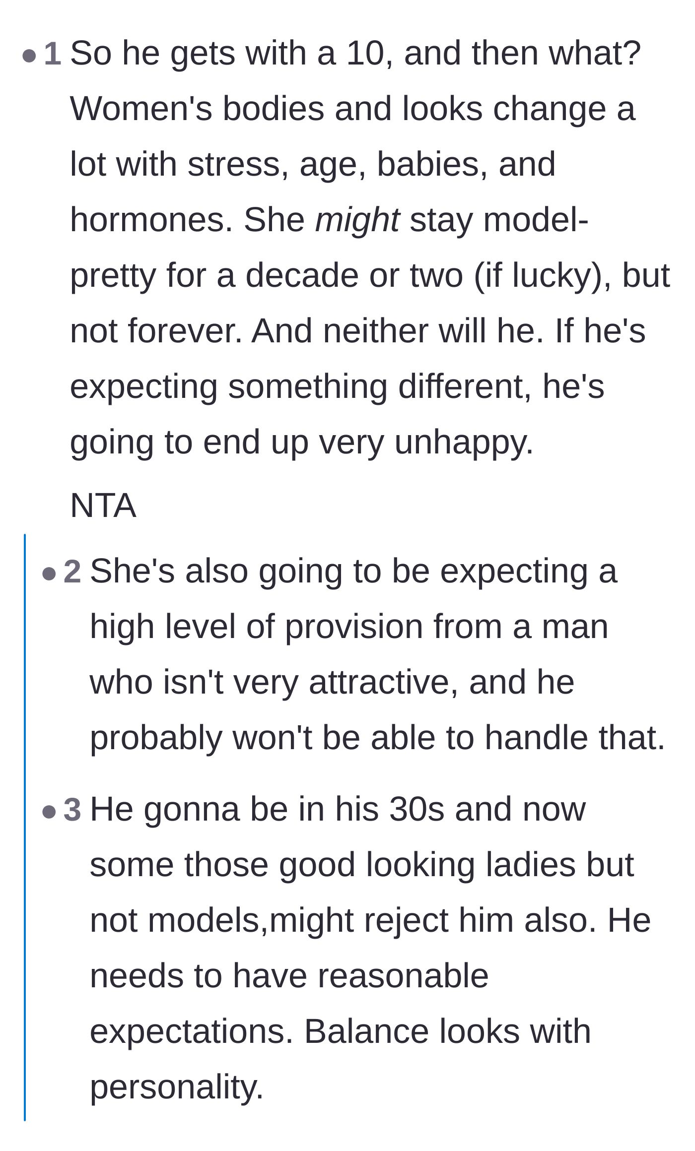 Comment thread 3 - Discussion about how looks inevitably fade and how the cousin lacks the personality or wealth to maintain a relationship with a model.