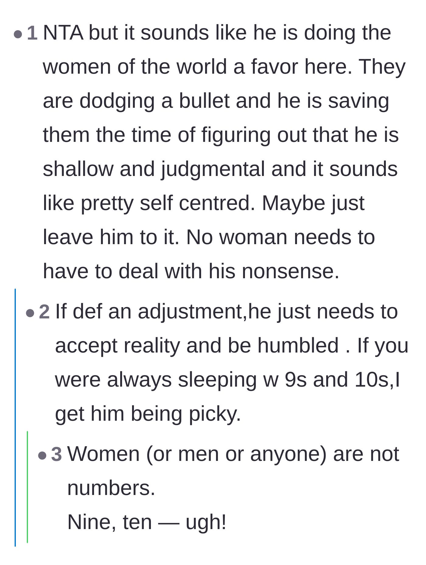 Comment thread 5 - Agreement that the cousin's shallow behavior is actually a blessing in disguise for the women he rejects.