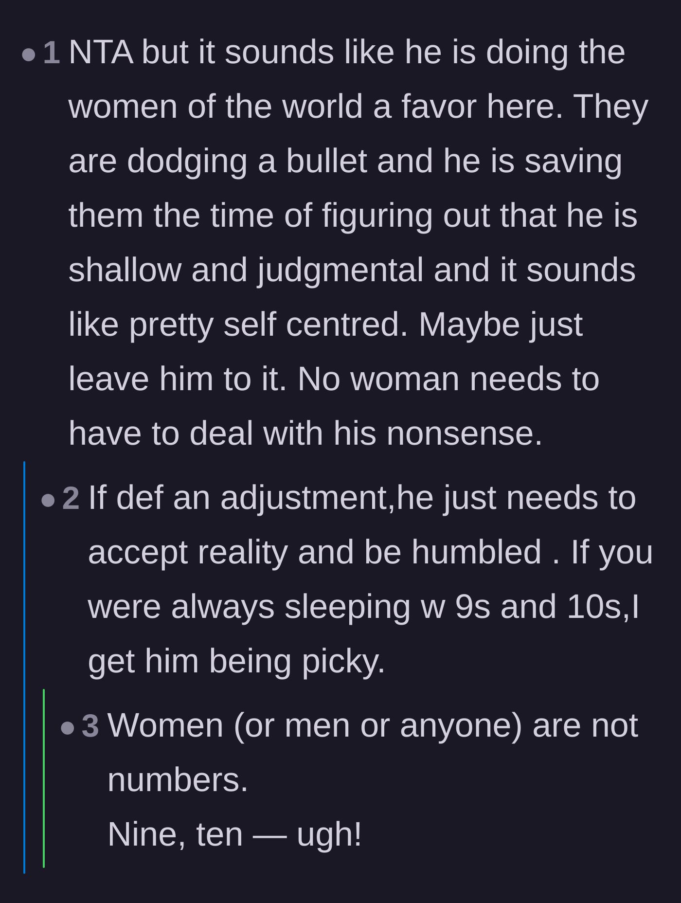 Comment thread 5 - Agreement that the cousin's shallow behavior is actually a blessing in disguise for the women he rejects.