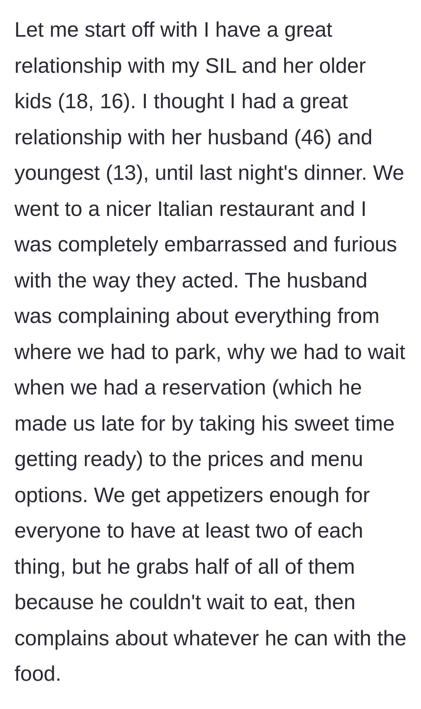 Story part 1 - A husband rudely complaining at a nice Italian restaurant and hoarding communal appetizers.