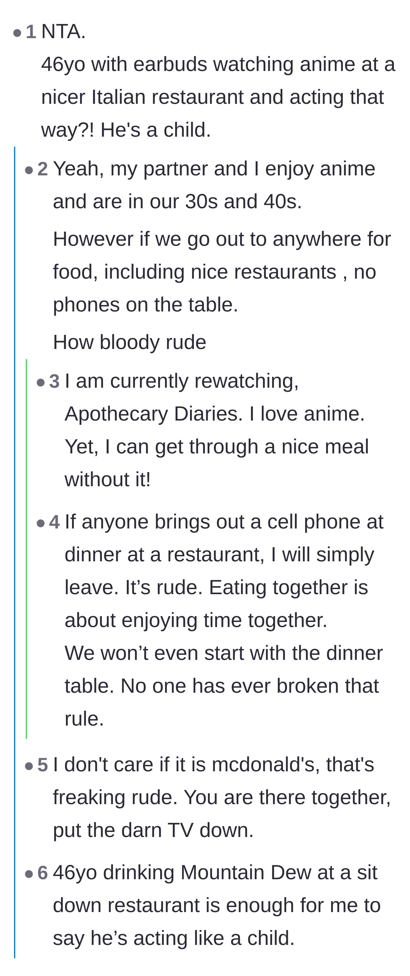 Comment thread criticizing a grown man for drinking Mountain Dew and watching cartoons during a nice dinner