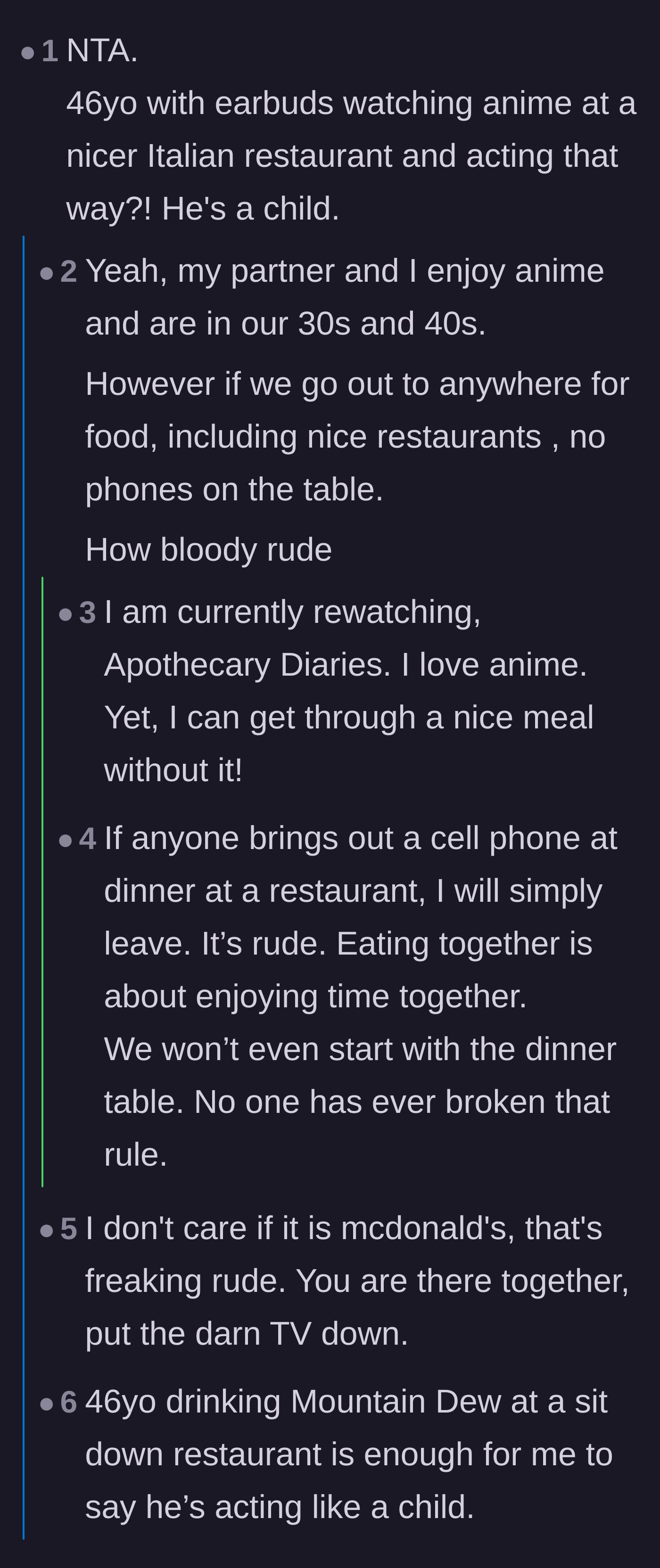 Comment thread criticizing a grown man for drinking Mountain Dew and watching cartoons during a nice dinner