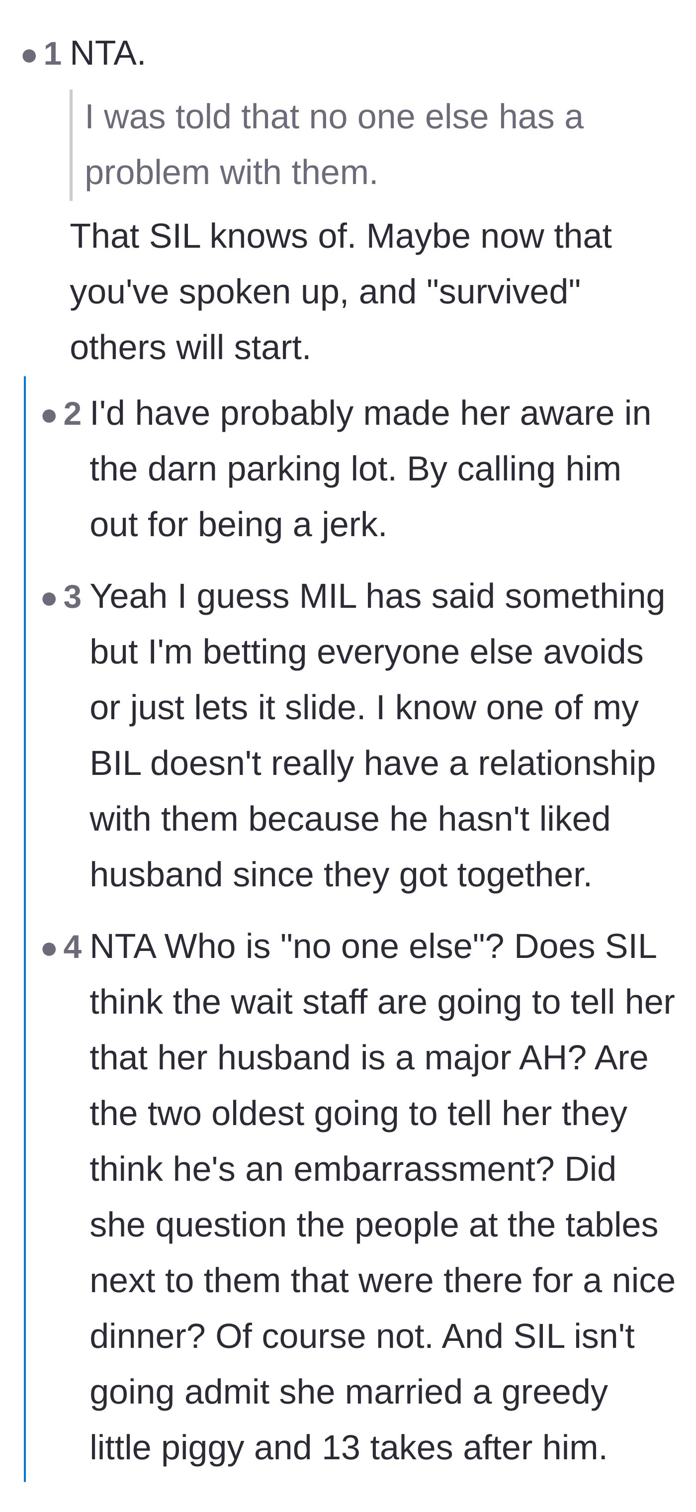 Comment thread analyzing the sister-in-law's delusion that nobody else minds her husband's behavior