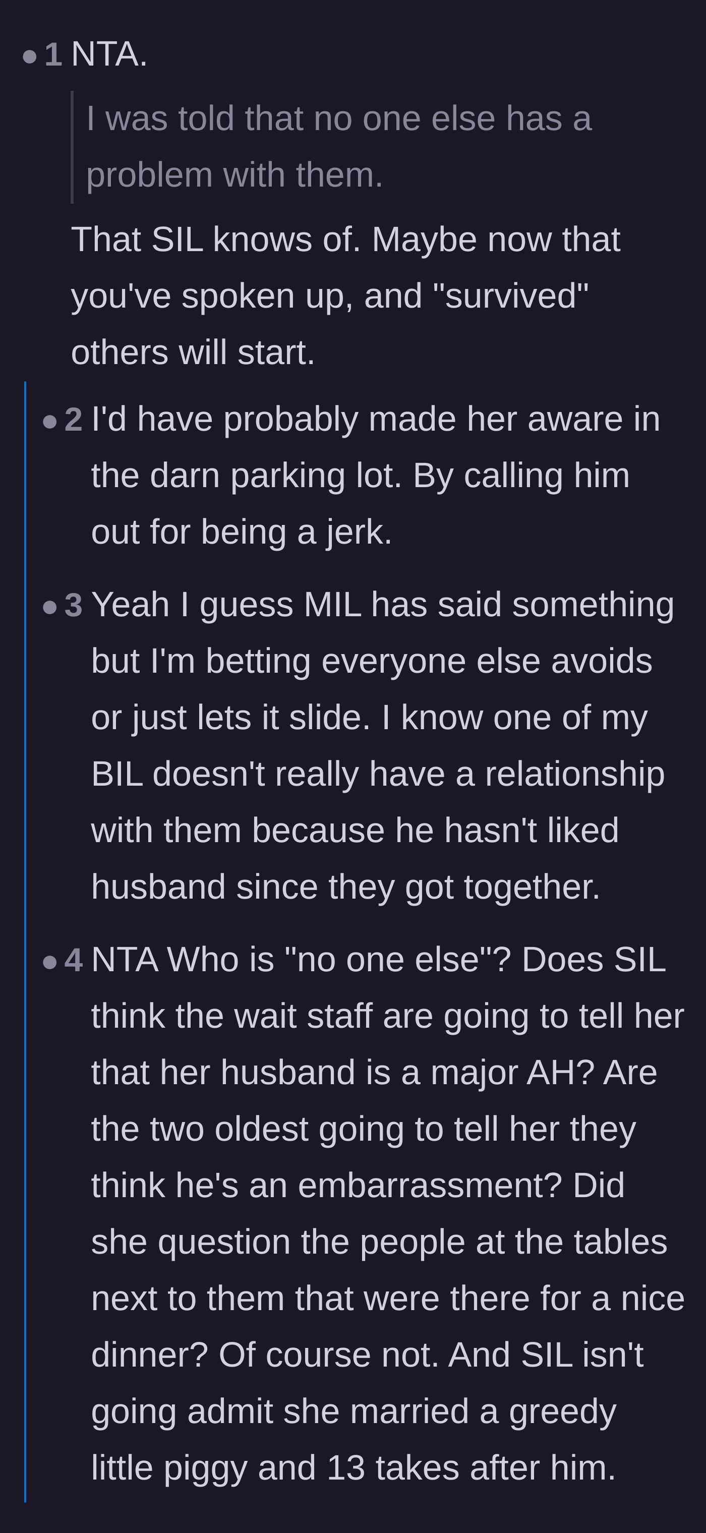 Comment thread analyzing the sister-in-law's delusion that nobody else minds her husband's behavior