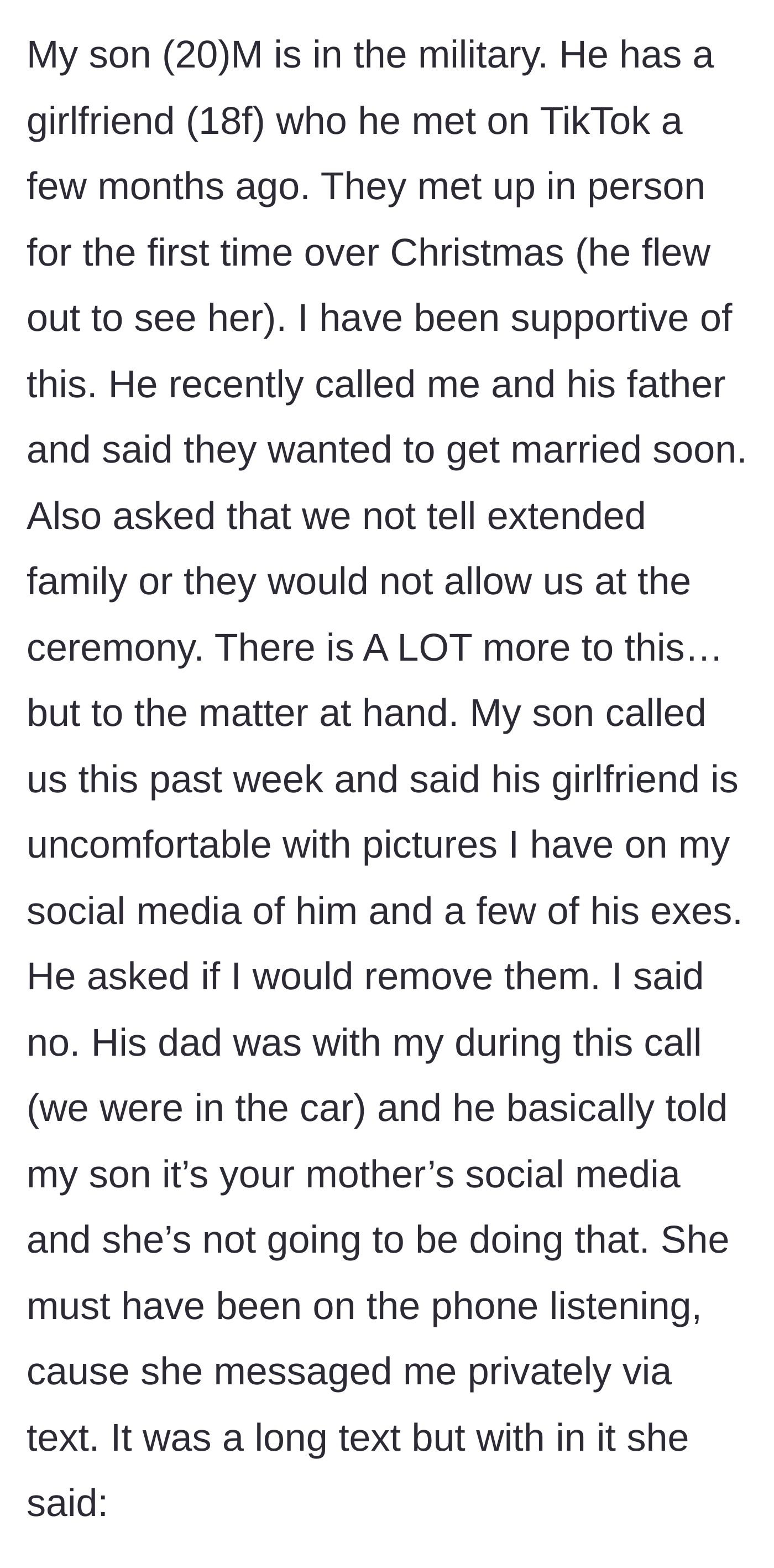 Story part 1 - A 20-year-old military son announces a rushed marriage to an 18-year-old TikTok girlfriend with a bizarre ultimatum about the ceremony.