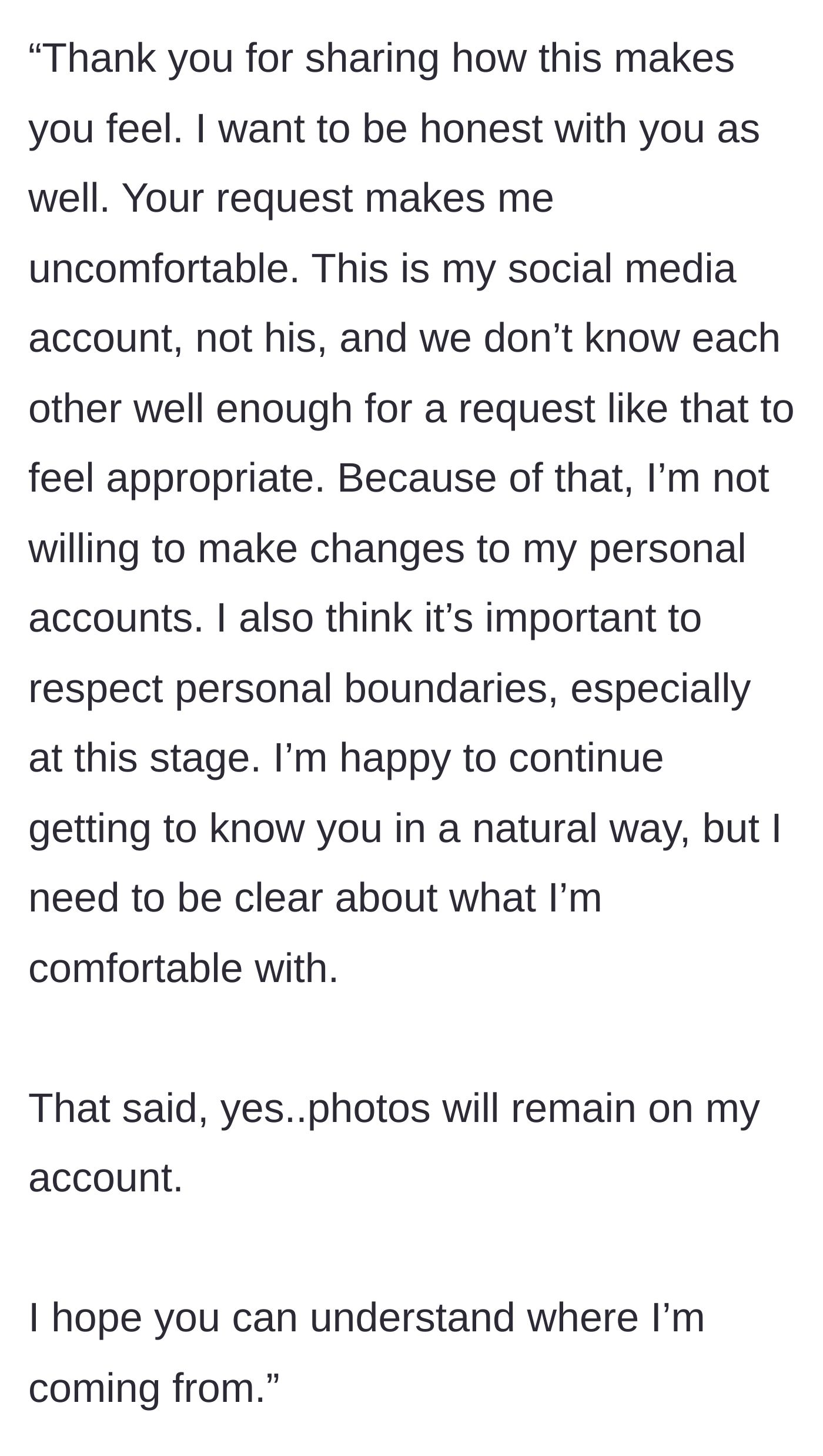 Story part 4 - The mother replies with a firm, polite message stating that the request is inappropriate and she will not be changing her personal account.