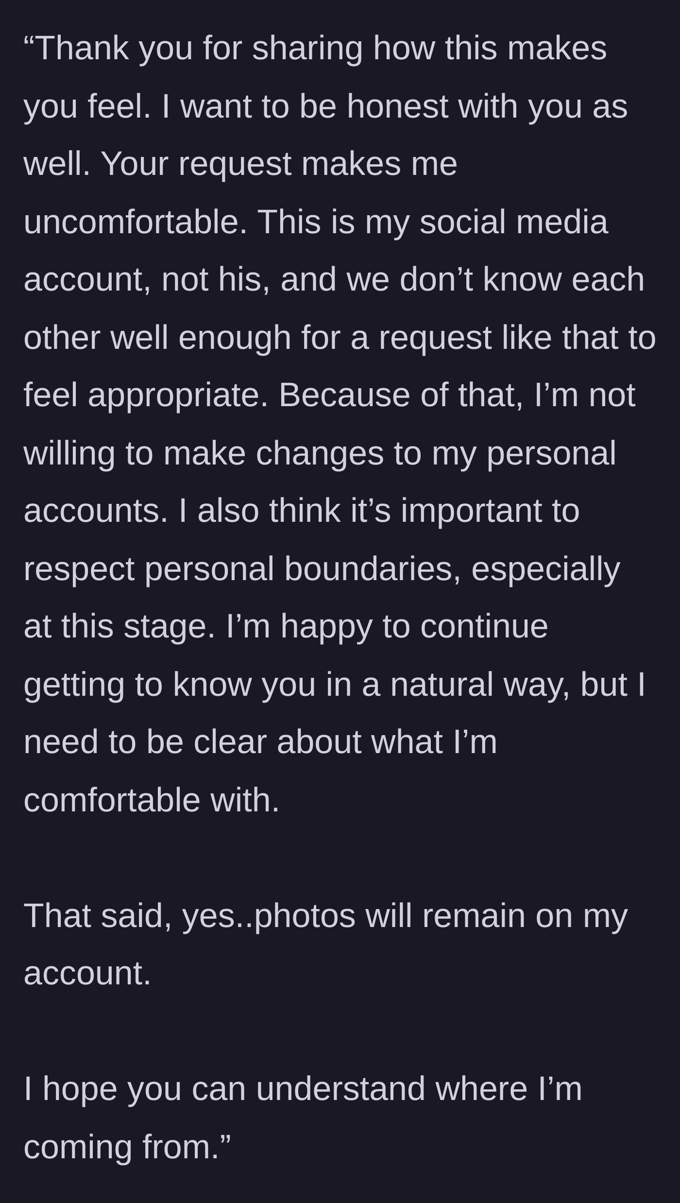 Story part 4 - The mother replies with a firm, polite message stating that the request is inappropriate and she will not be changing her personal account.