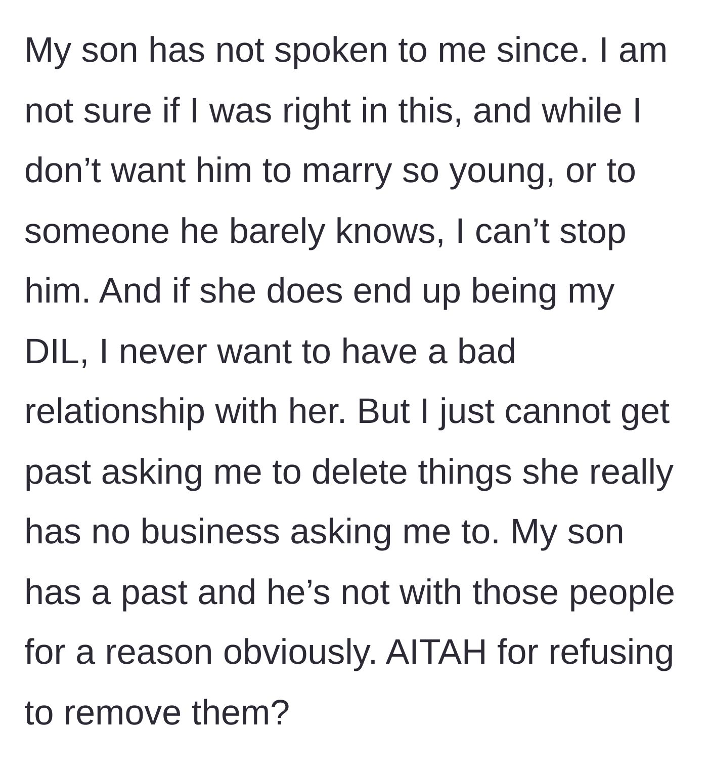 Story part 6 - The son cuts contact with his mother over the refusal, leaving her questioning her stance while still hoping for a peaceful future.