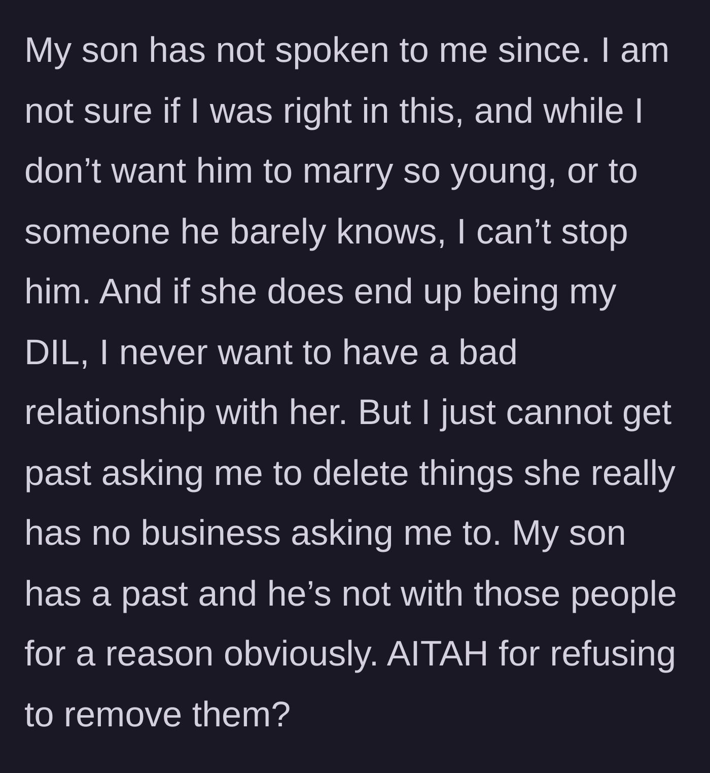 Story part 6 - The son cuts contact with his mother over the refusal, leaving her questioning her stance while still hoping for a peaceful future.