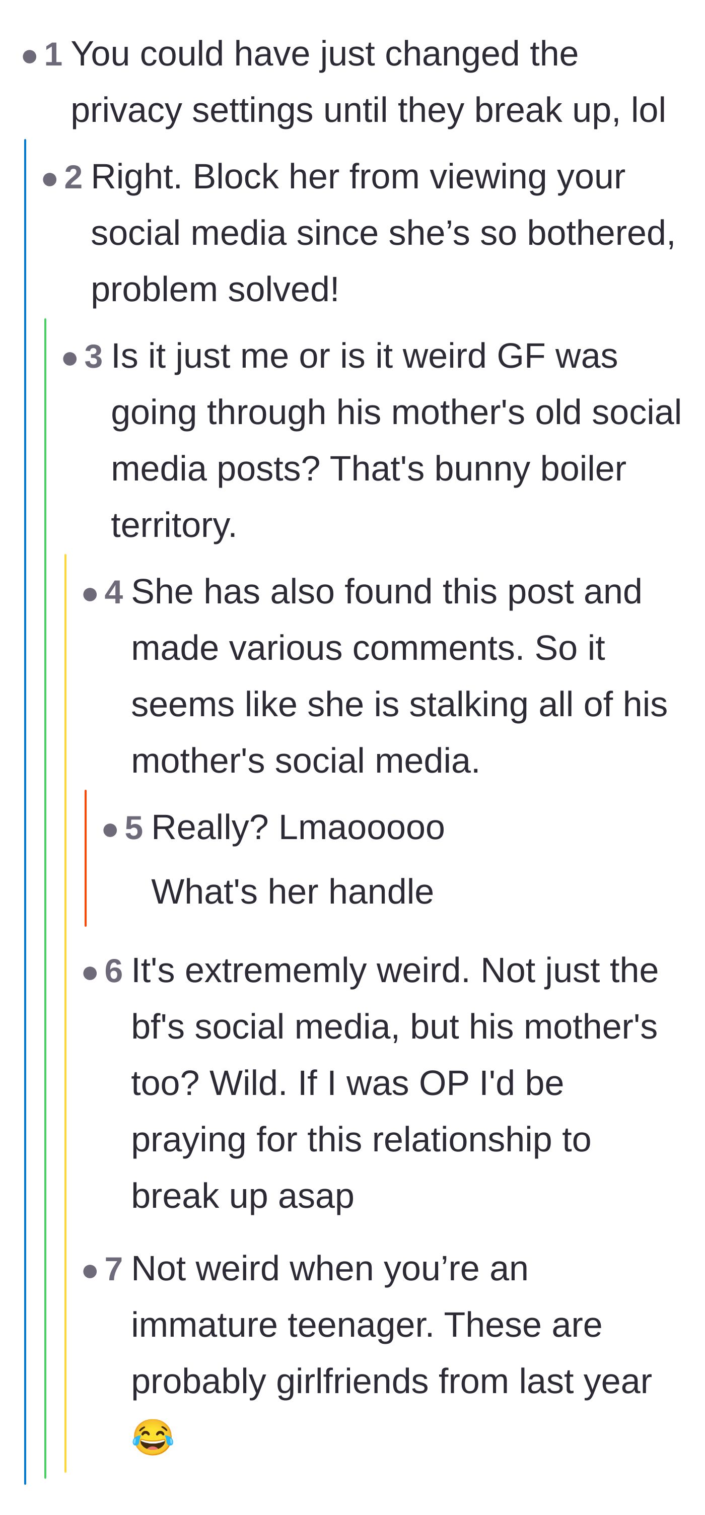 Comment thread 1 - Readers suggest changing privacy settings and question why the teenage girlfriend is stalking the mother's old posts.