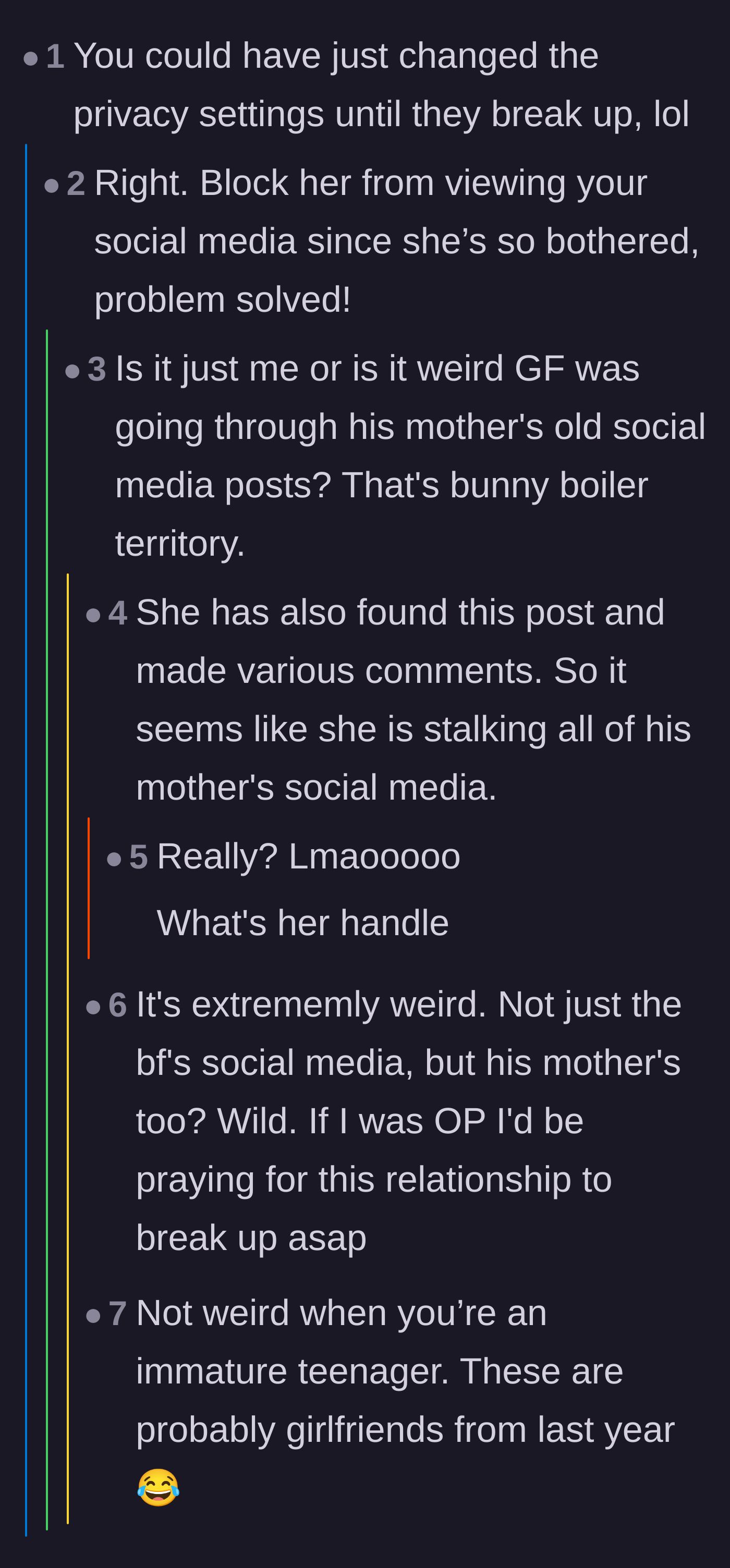 Comment thread 1 - Readers suggest changing privacy settings and question why the teenage girlfriend is stalking the mother's old posts.