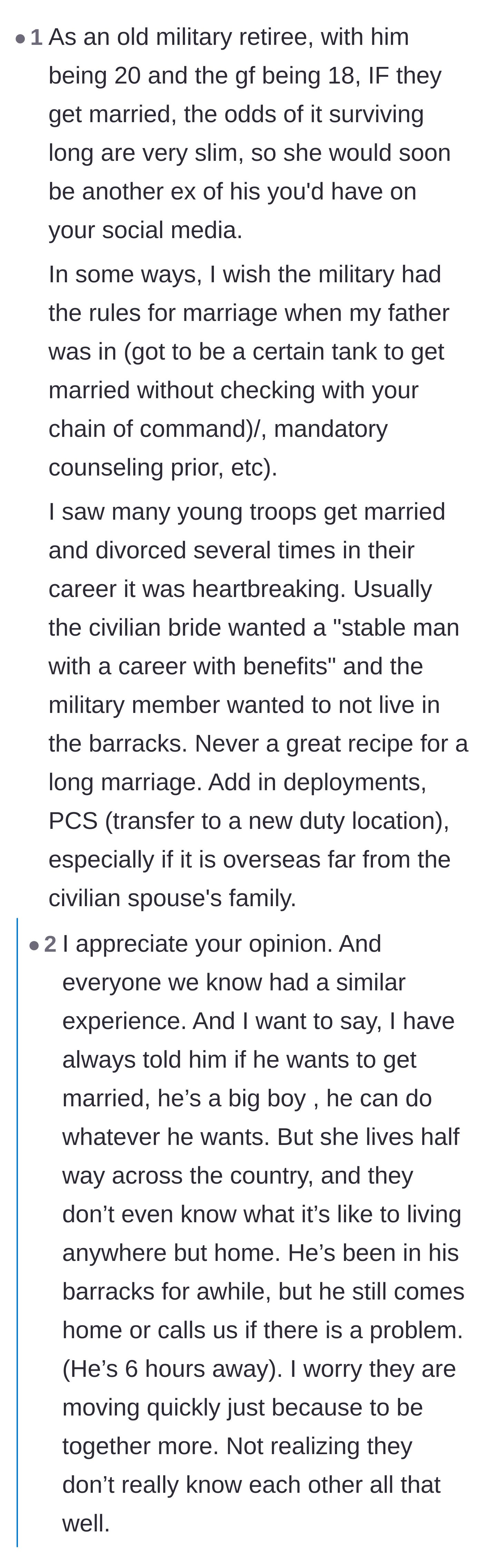 Comment thread 2 - A military retiree explains the doomed pattern of young enlisted soldiers rushing into marriage for housing benefits.