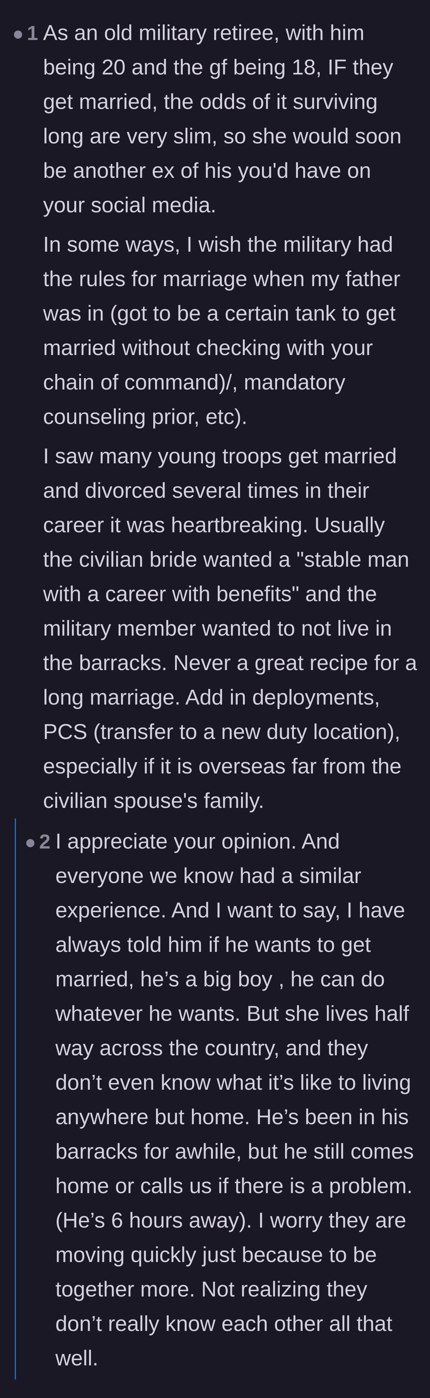 Comment thread 2 - A military retiree explains the doomed pattern of young enlisted soldiers rushing into marriage for housing benefits.