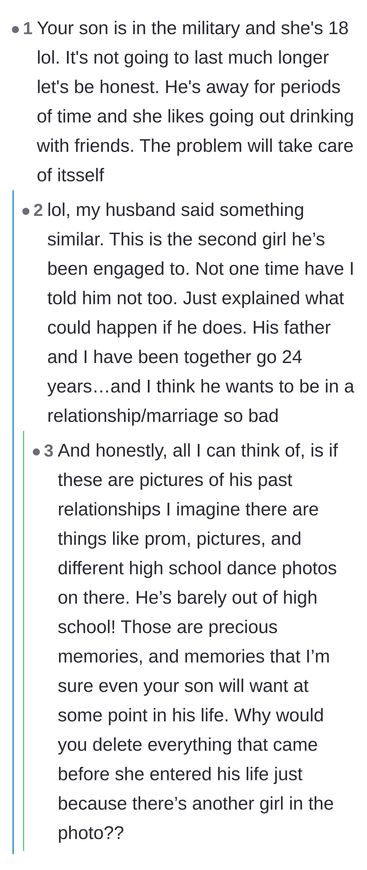 Comment thread 3 - Commenters discuss the son's true motivation for marriage, which the mother confirms is just to escape living in the military barracks.