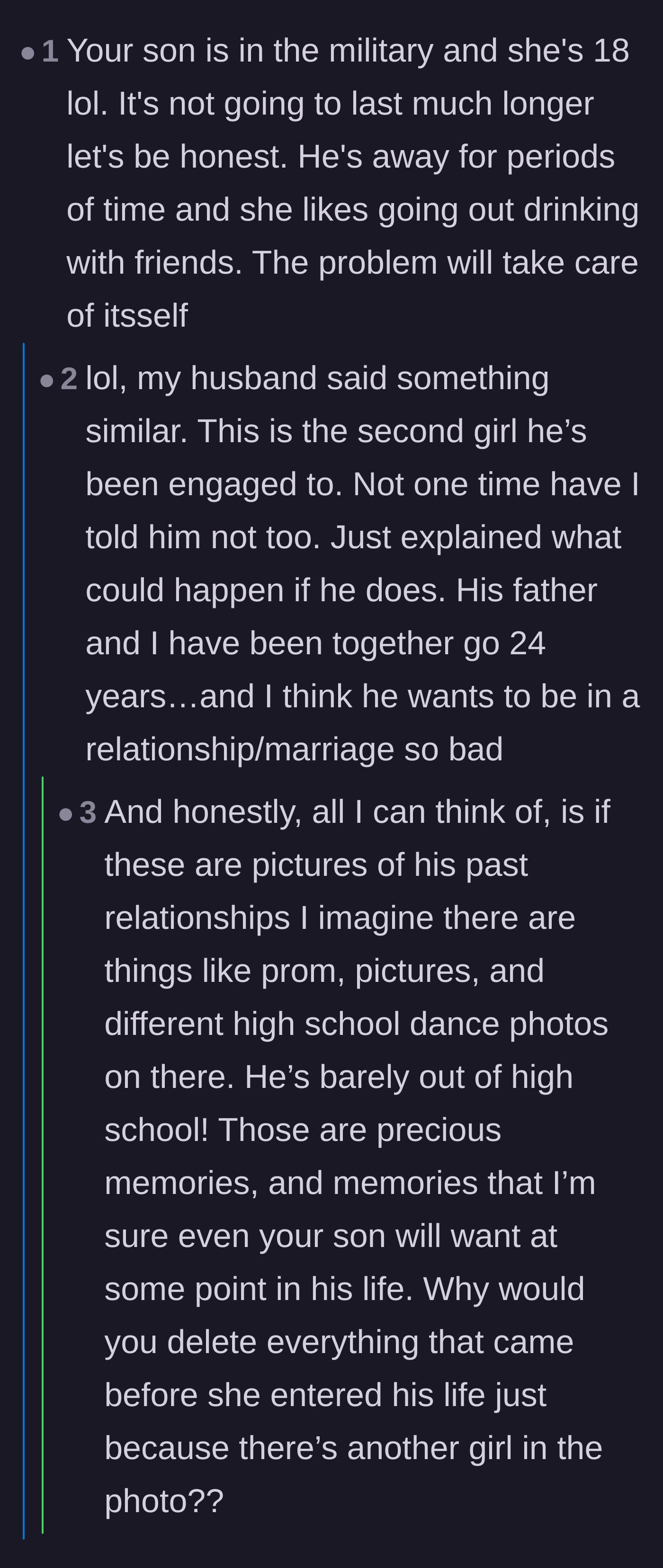 Comment thread 3 - Commenters discuss the son's true motivation for marriage, which the mother confirms is just to escape living in the military barracks.