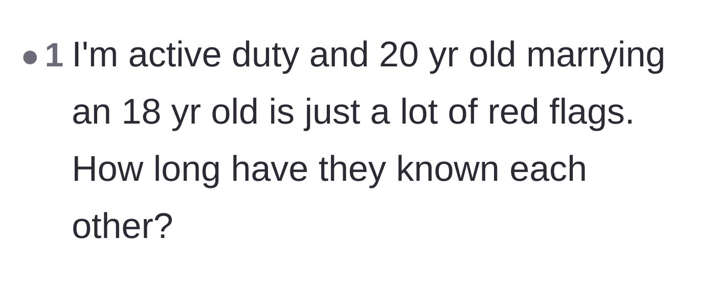 Comment thread 4 - A short remark from an active duty member pointing out the glaring red flags of this specific age gap and military dynamic.