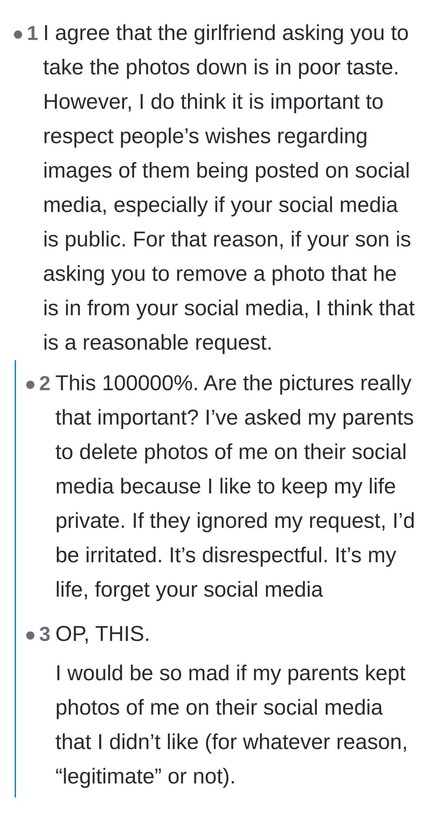 Comment thread 5 - Readers argue that regardless of the girlfriend's entitlement, the mother should respect her son's request to take down his image.