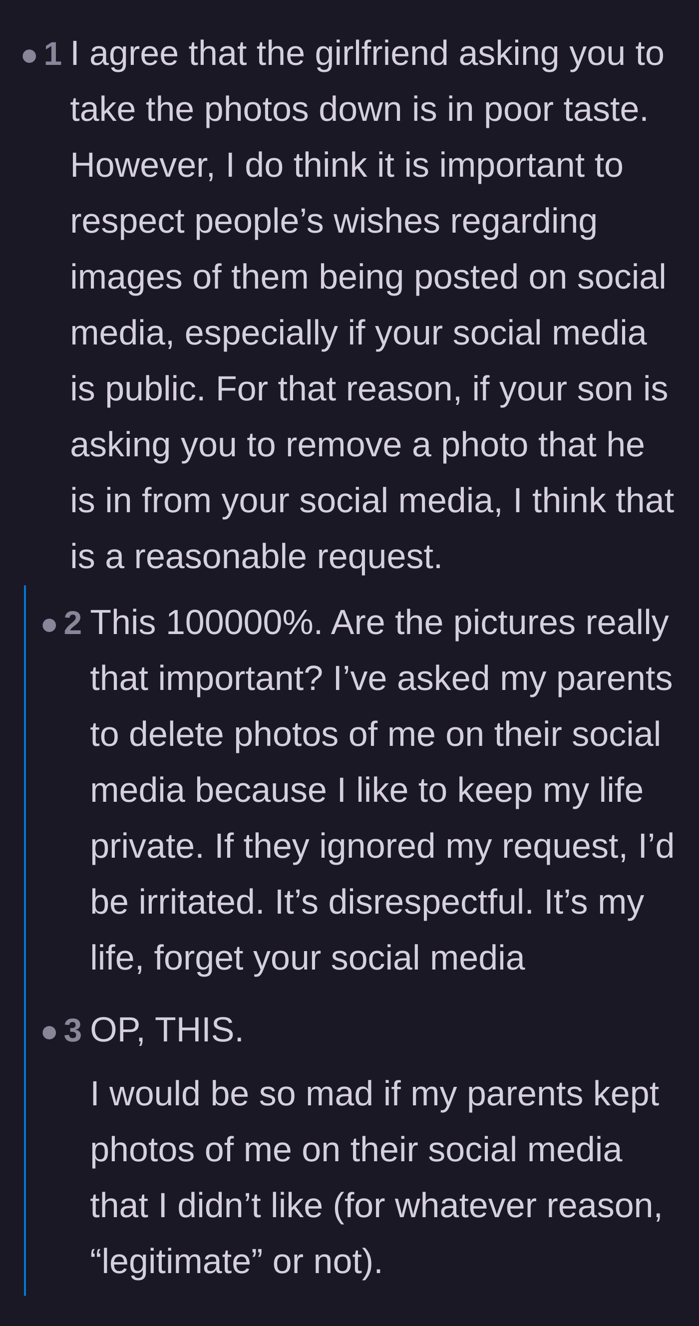Comment thread 5 - Readers argue that regardless of the girlfriend's entitlement, the mother should respect her son's request to take down his image.