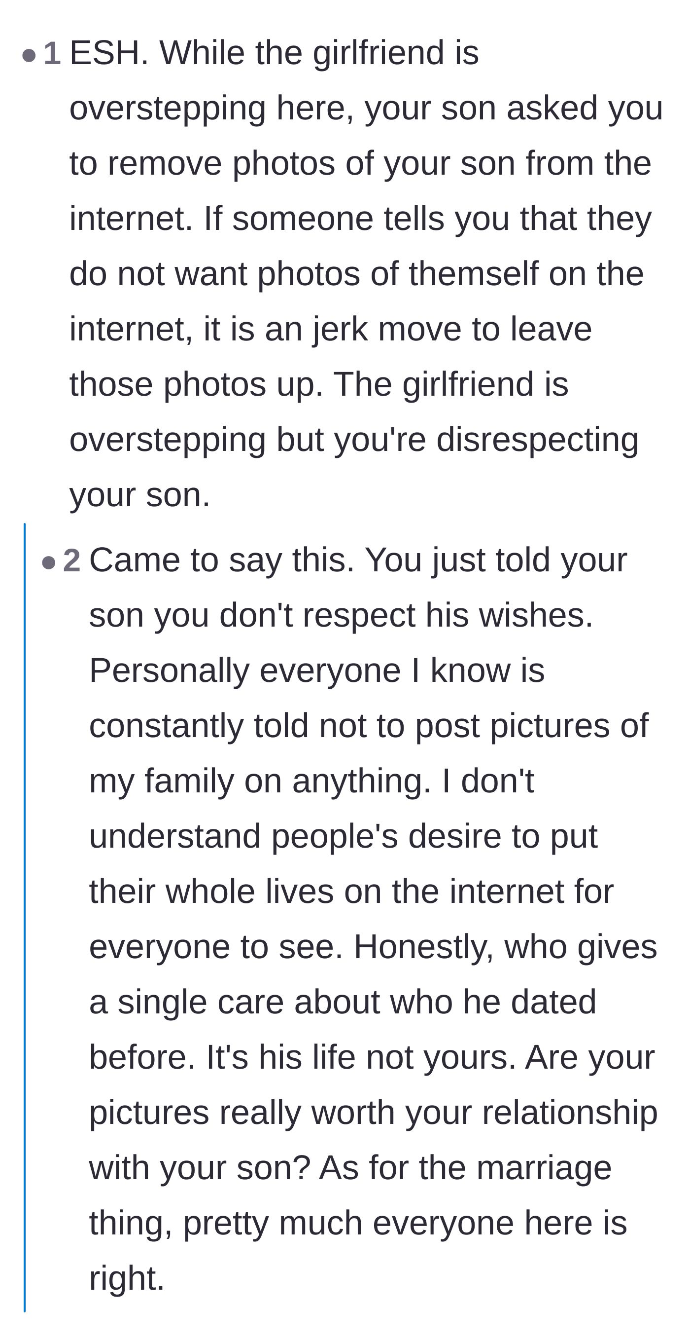 Comment thread 6 - Commenters call out the mother for being stubborn and ignoring her son's right to control his own online footprint.