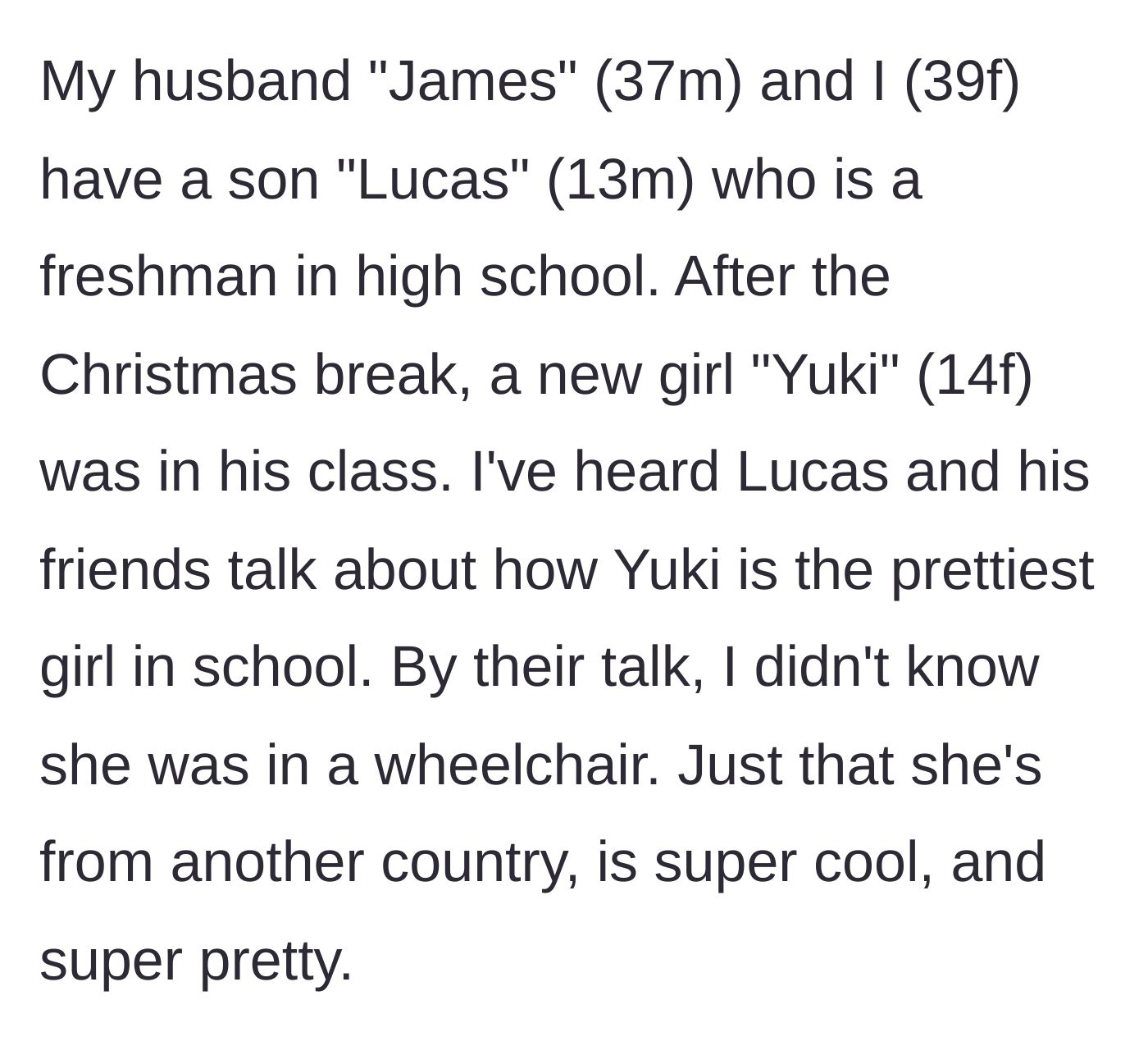 Story part 1 - A 13-year-old boy and his friends talk excitedly about a cool, pretty new girl at school named Yuki, completely omitting any mention of her disability.