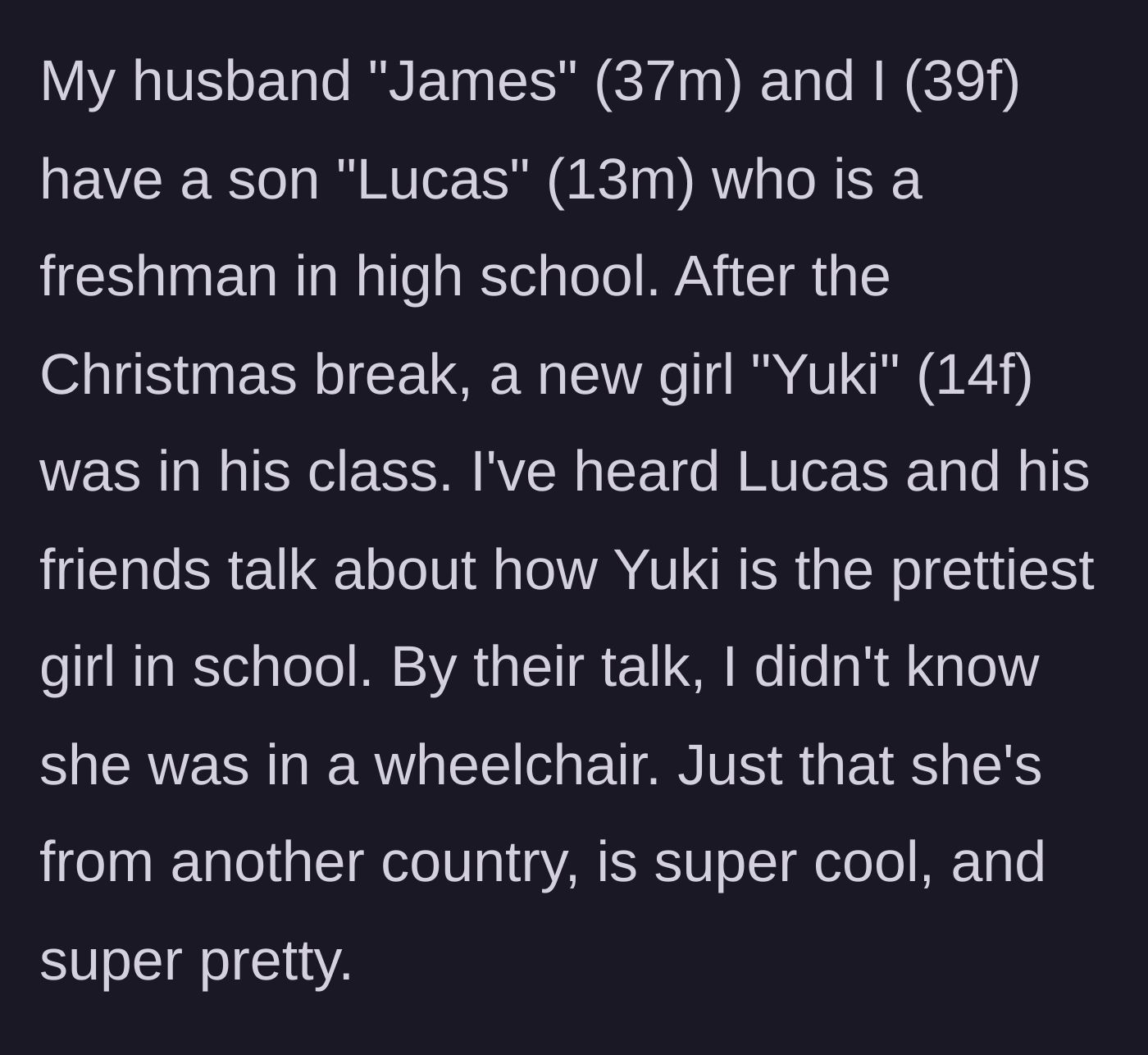 Story part 1 - A 13-year-old boy and his friends talk excitedly about a cool, pretty new girl at school named Yuki, completely omitting any mention of her disability.