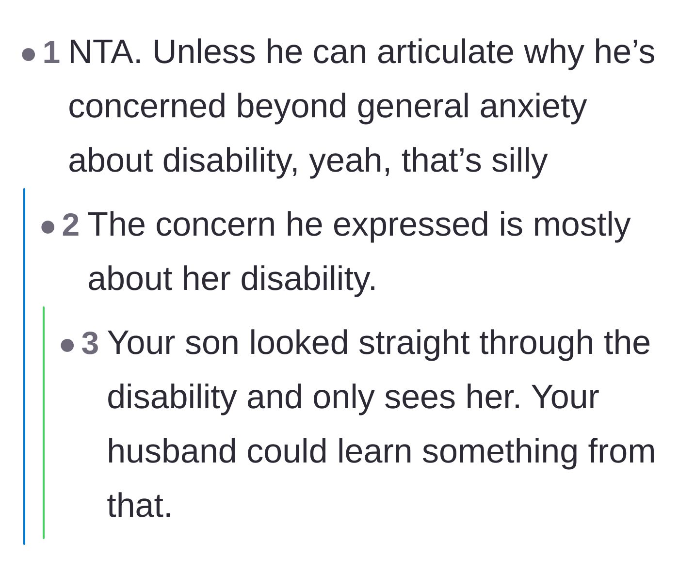 Comment thread 1 - A discussion contrasting the teenager's maturity with the father's projection of adult relationship anxieties onto a middle school crush.