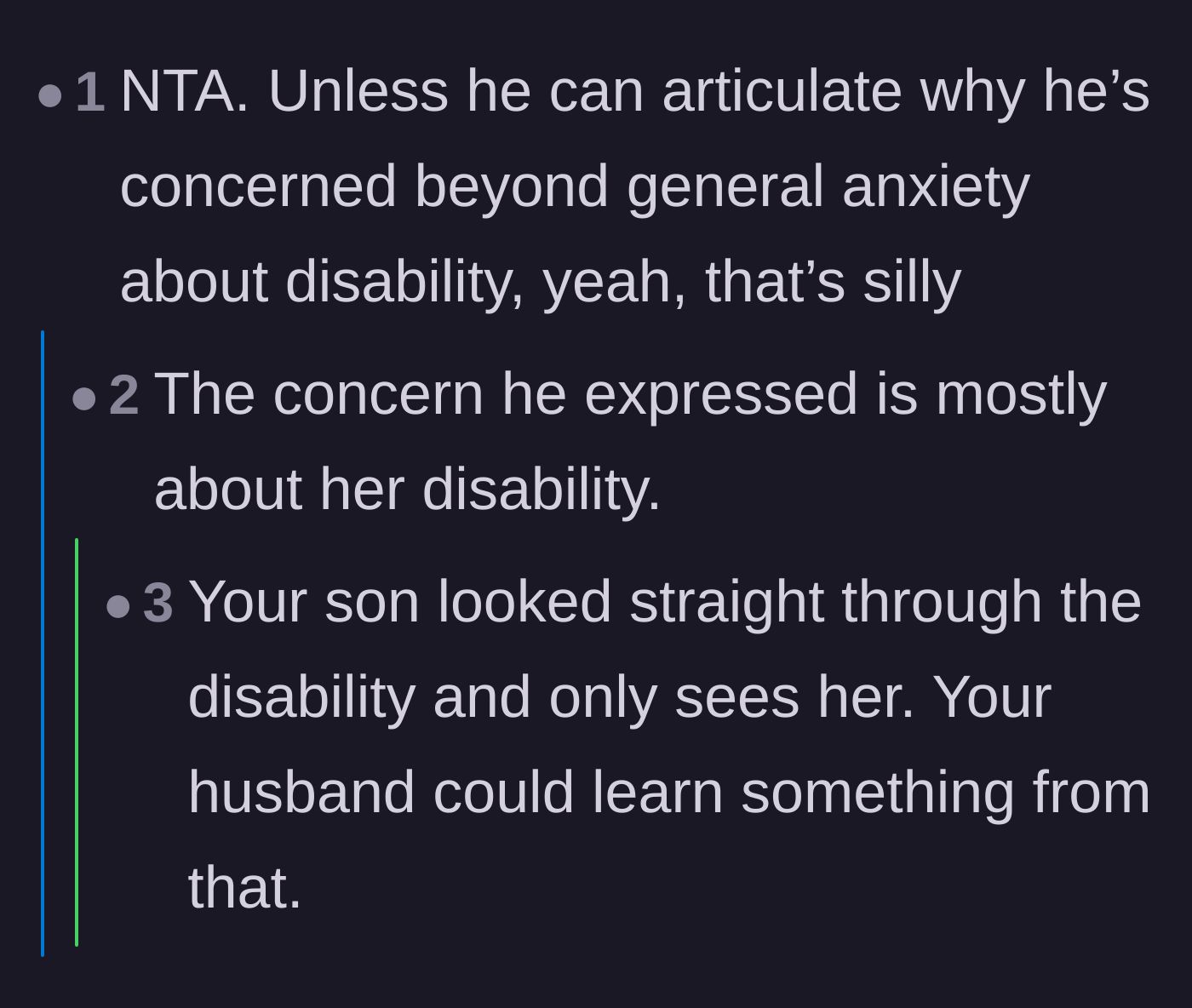 Comment thread 1 - A discussion contrasting the teenager's maturity with the father's projection of adult relationship anxieties onto a middle school crush.