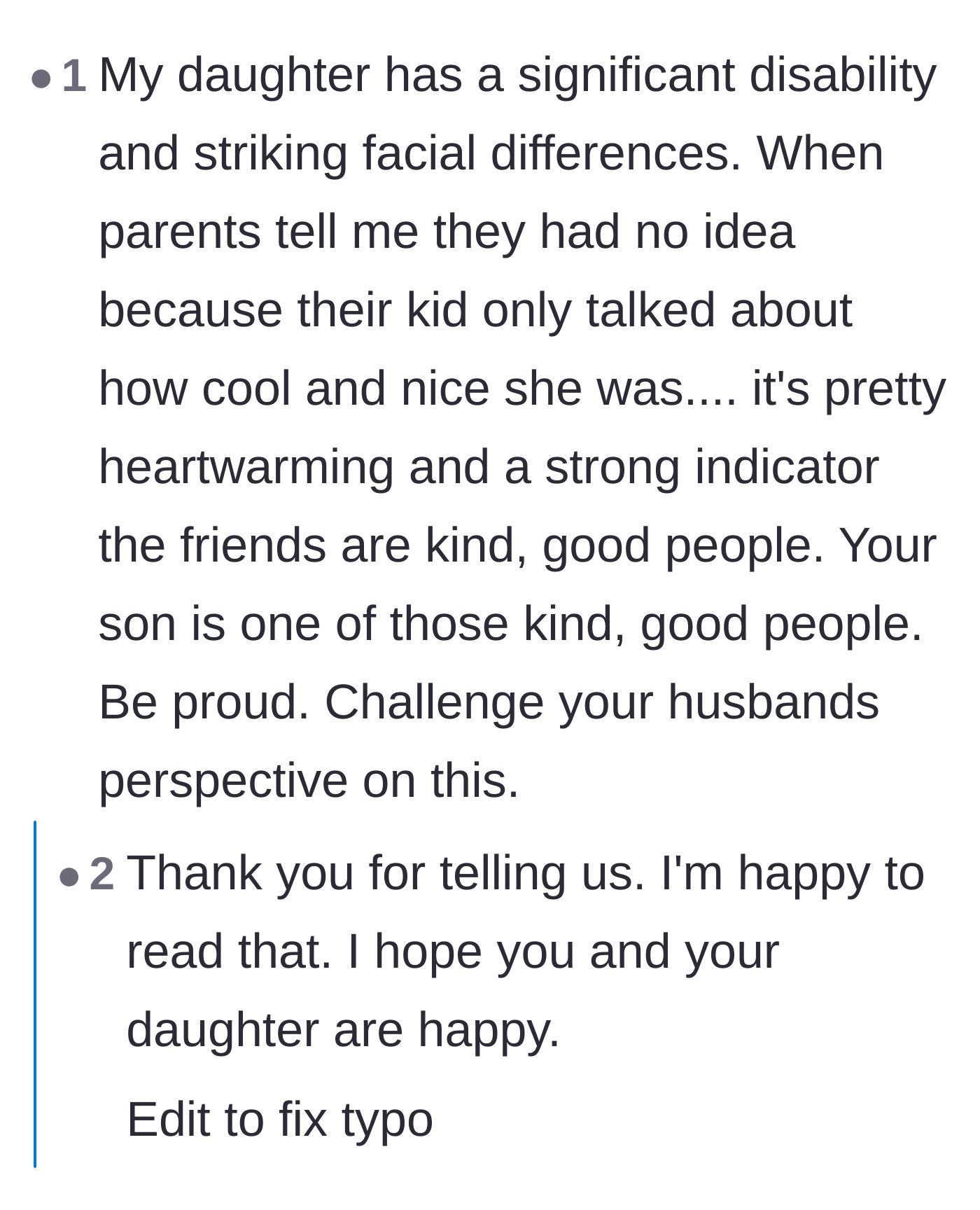 Comment thread 2 - Perspectives from disabled individuals and their parents praising the son's genuine acceptance while sharing their own frustrating dating experiences.