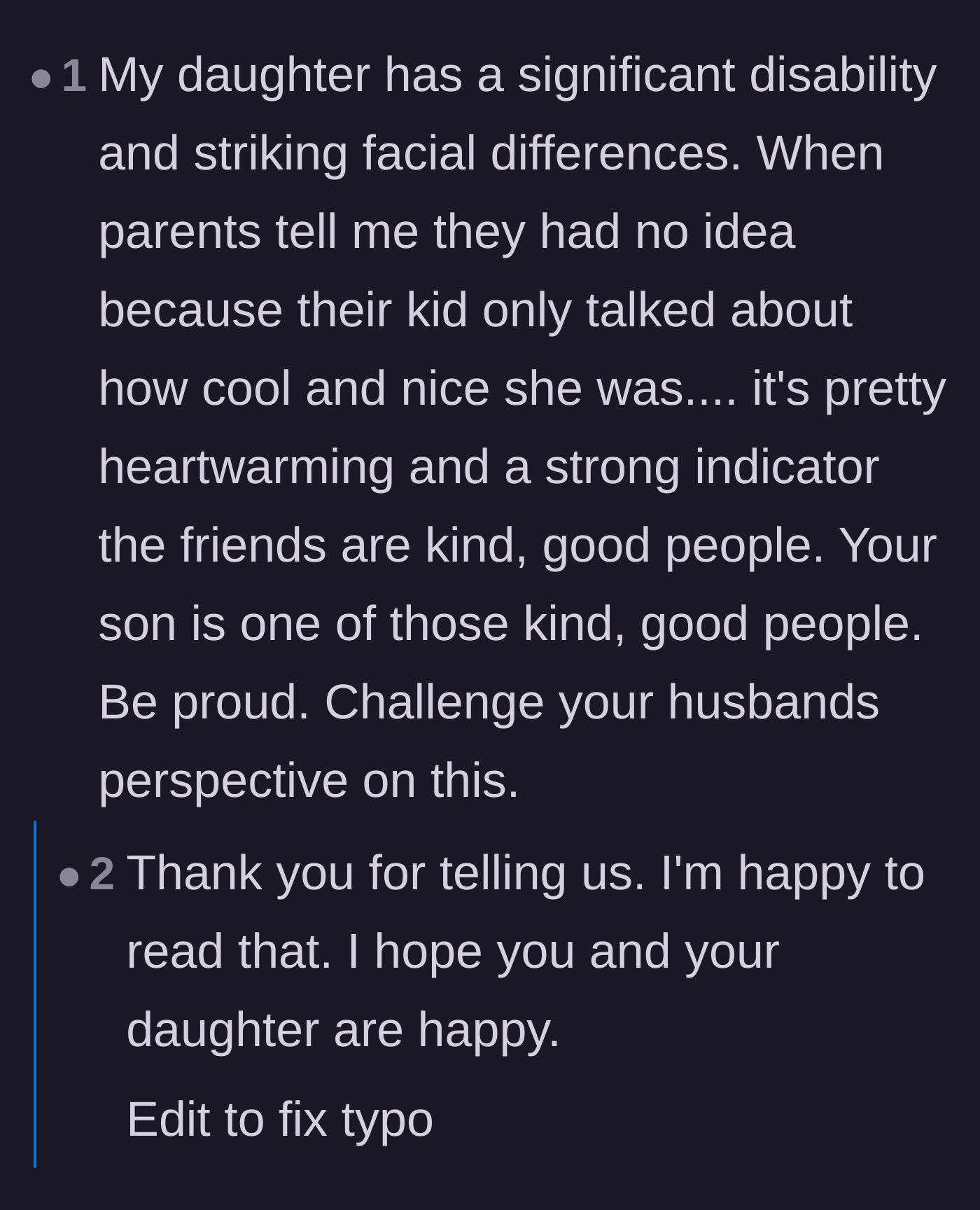 Comment thread 2 - Perspectives from disabled individuals and their parents praising the son's genuine acceptance while sharing their own frustrating dating experiences.