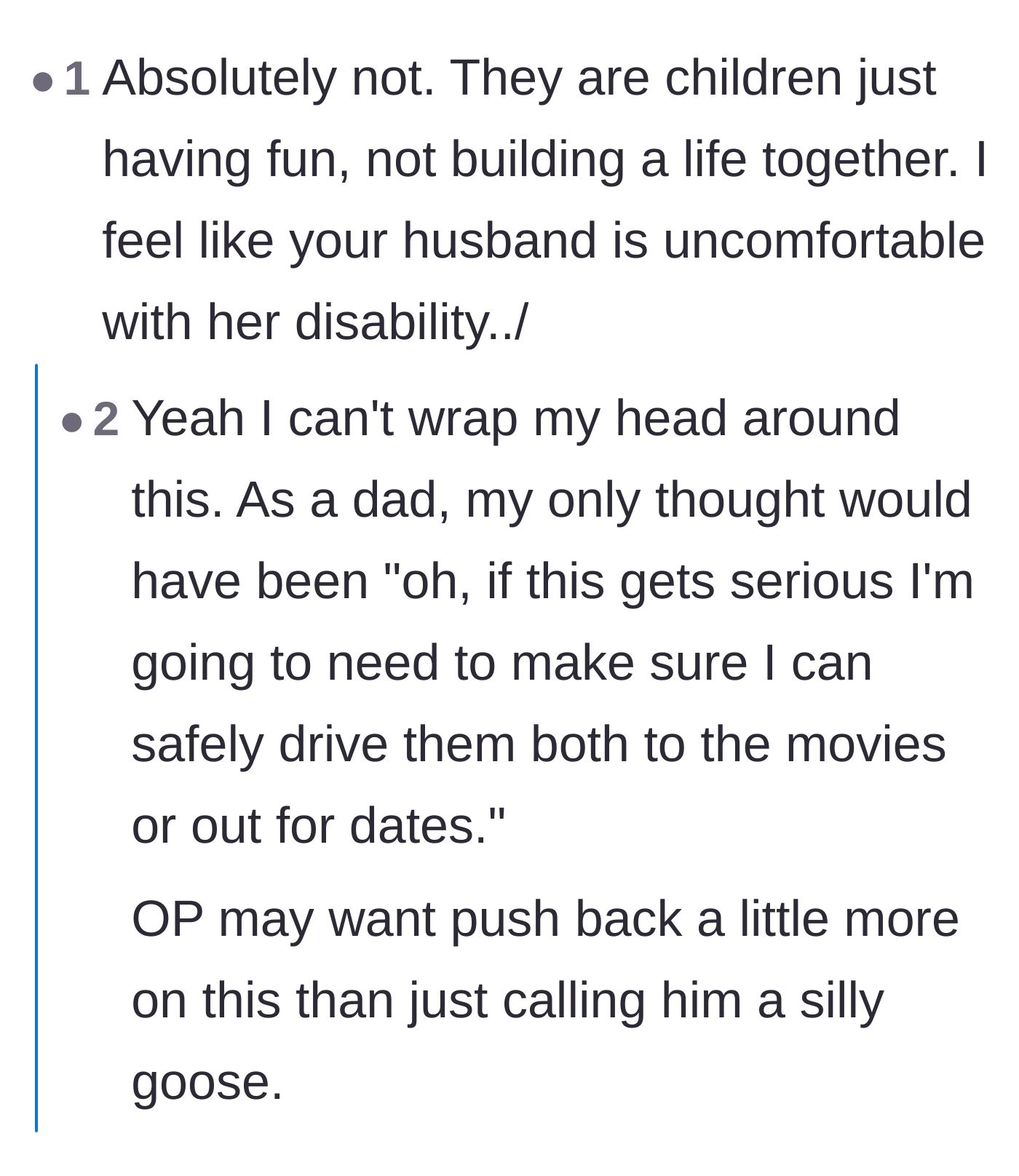 Comment thread 4 - Parents weighing in on how a supportive father should actually react, such as figuring out how to drive the kids on accessible dates.