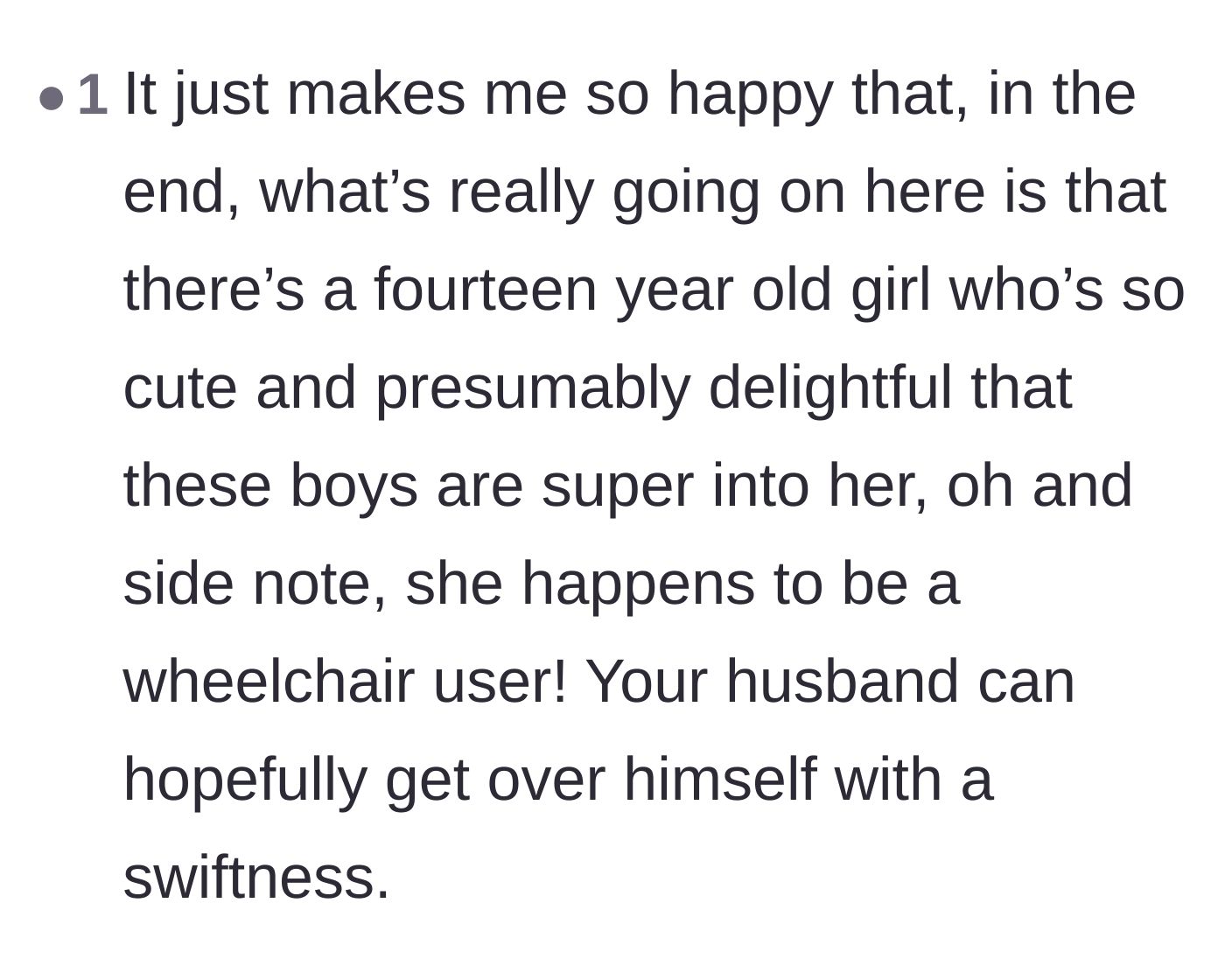 Comment thread 5 - A celebration of the wholesome reality that a teenage girl is simply enjoying being the popular, pretty new kid at school.